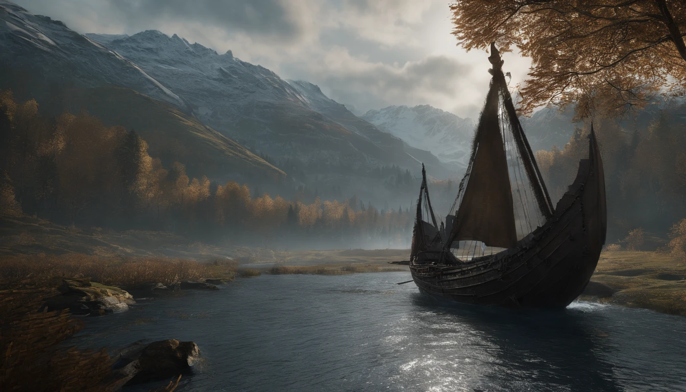 An Assassin's Creed Valhalla landscape. (best quality,4k,8k,highres,masterpiece:1.2), ultra-detailed, (realistic,photorealistic,photo-realistic:1.37), HDR, UHD, studio lighting, extreme detail description. The scene is set in a picturesque landscape with rolling hills and lush green meadows. The sky above is filled with fluffy white clouds contrasting against a vibrant blue backdrop. Sun rays break through the clouds, casting a warm golden light over the landscape. In the foreground, a Viking longship sails peacefully along a crystal-clear river that cuts through the valley. The ship is meticulously crafted with intricate wooden carvings, displaying the prowess of the Viking people. The reflection of the ship on the calm water is so realistic that you can almost feel the gentle ripples. On the riverbank, a group of Vikings is seen disembarking from the longship. They are dressed in traditional Viking attire, adorned with fur-lined cloaks and metal armor, wielding swords and shields. Their facial features are finely detailed, with piercing blue eyes and fierce expressions that reflect their warrior spirit. In the distance, towering mountains covered in snow create a majestic backdrop. The peaks are meticulously textured, showcasing the grandeur of the natural landscape. The mountains are shrouded in mist, giving the scene an ethereal and mysterious atmosphere. The trees dotting the landscape are a mix of evergreens and colorful autumn foliage, adding depth and variety to the scene. The leaves rustle gently in the breeze, creating a sense of tranquility and serenity. The colors of the landscape are rich and vibrant. The greens of the meadows are vibrant and lush, contrasting with the deep blues of the river and the sky. The golden sunlight casts warm hues on everything it touches, creating a harmonious and inviting atmosphere. The overall lighting of the scene is expertly crafted, with subtle shadows and highlights that bring depth and realism to the image. The soft,