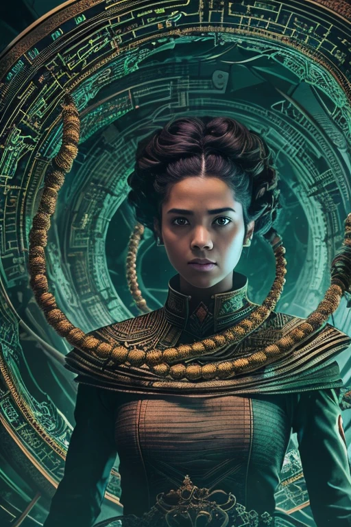 photograph, portrait, floating intimidating woman [Discovery of wormholes leads to new worlds|A cursed prince must marry a monster], [Science fiction:fantasy:0.6] cinematic lighting
