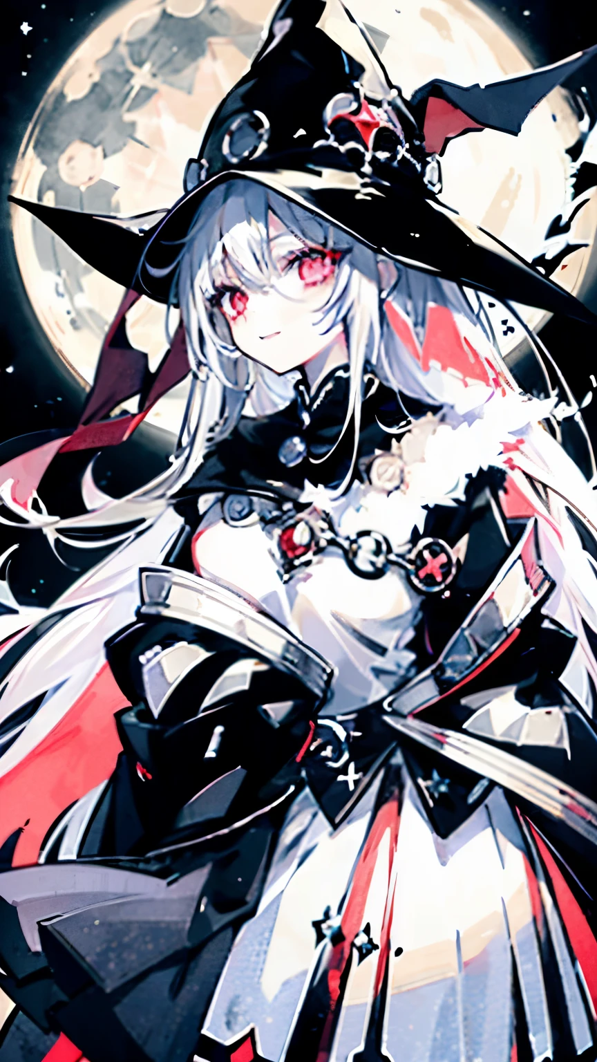 young girl、human、A magician who always smiles、large witch hat 、cute、long white hair、Red eyes and glazed eyes、Bangs are heavy、Thin eyebrows、fantasy、intake、double teeth、star motif、Seiza motif、monochrome clotheetal look decoration、cape、A little dark atmosphere、a little crazy smile、Outside at night when the moon shines、larger moon、blood return、black star hair ornament、short tie、No nails、high waist skirt、flared sleeves、long sleeve shirt、black tie、Low exposure、Mr.々Namoya
