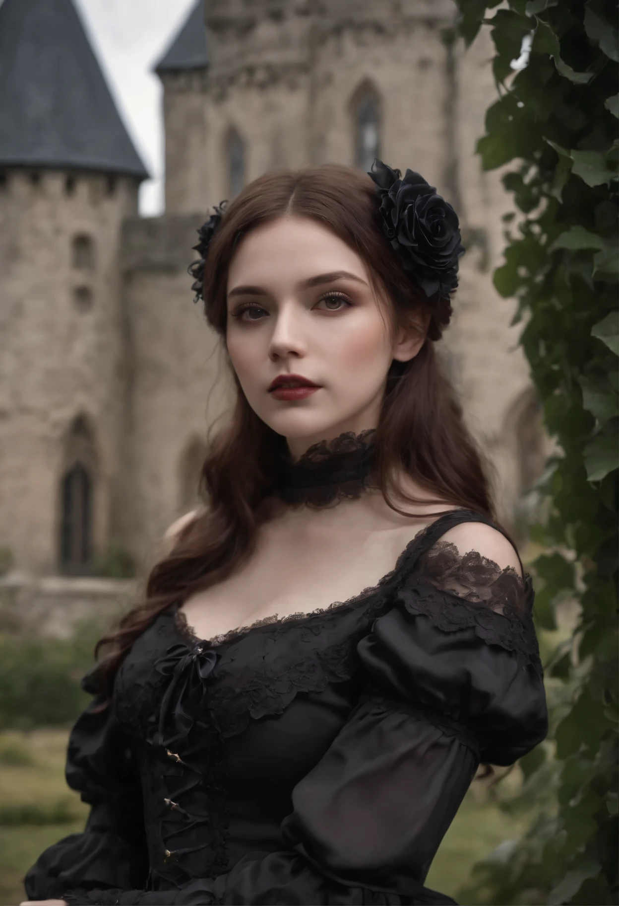 goth lolita girl,gothic lolita,gothic lolita style,gothic fashion,girl standing in front of a gloomy castle,intense and dramatic expression,overcast sky,creepy castle,ivy-covered walls,roses climbing the walls,mysterious atmosphere,crossed hands,elegant and dark aesthetic,(best quality,4k,8k,highres,masterpiece:1.2),ultra-detailed,(realistic,photorealistic,photo-realistic:1.37),HDR,UHD,professional,portraits,gothic style,dark color palette,dramatic lighting