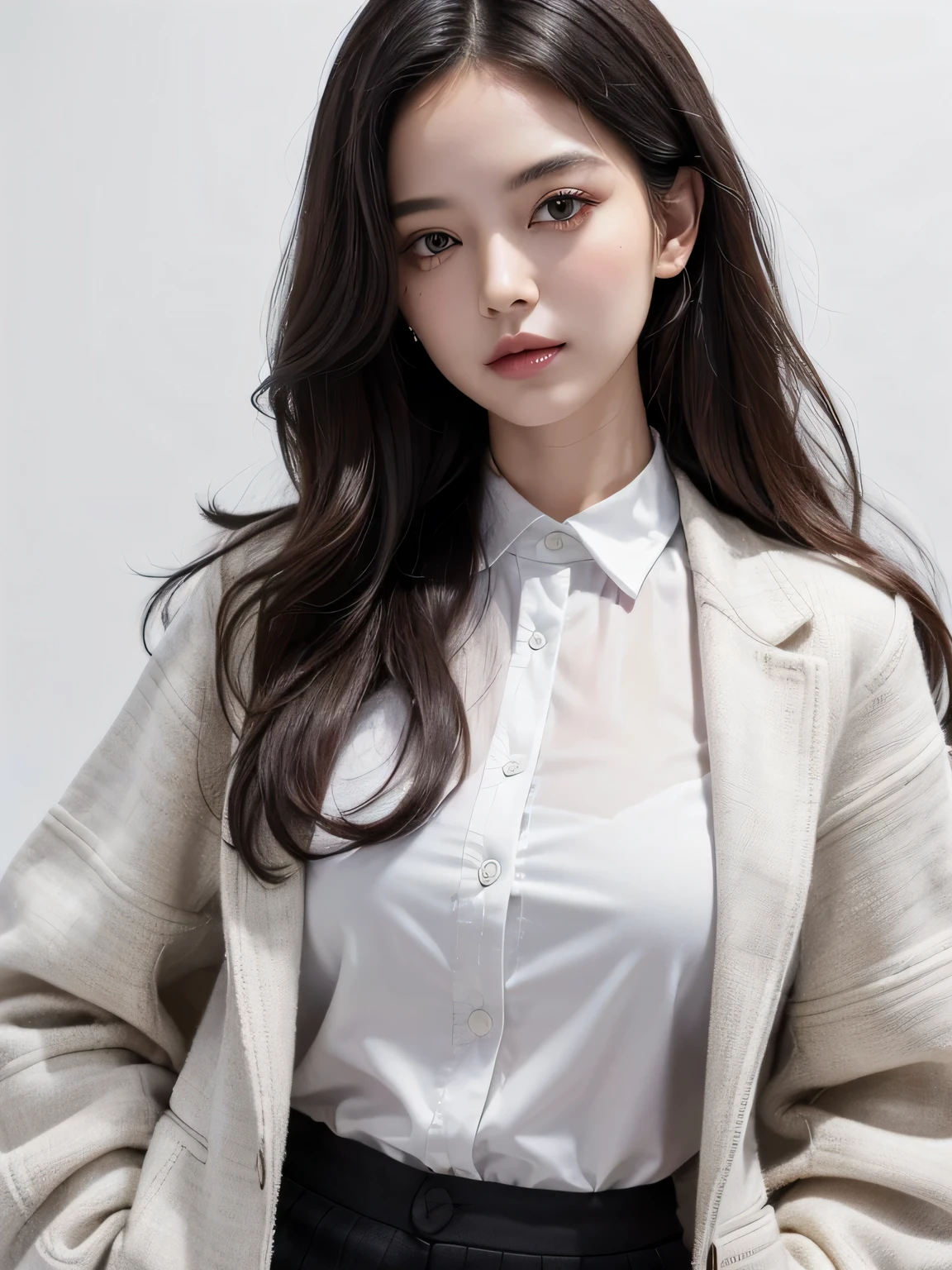 (highest quality, High resolution, masterpiece :1.3), beautiful adult woman, Long contour, ((pure white background)), (Plaid jacket, black shirt, wide pants), (loose wavy bob hair), ((Accurately express details such as faces and skin textures)), take a pose,