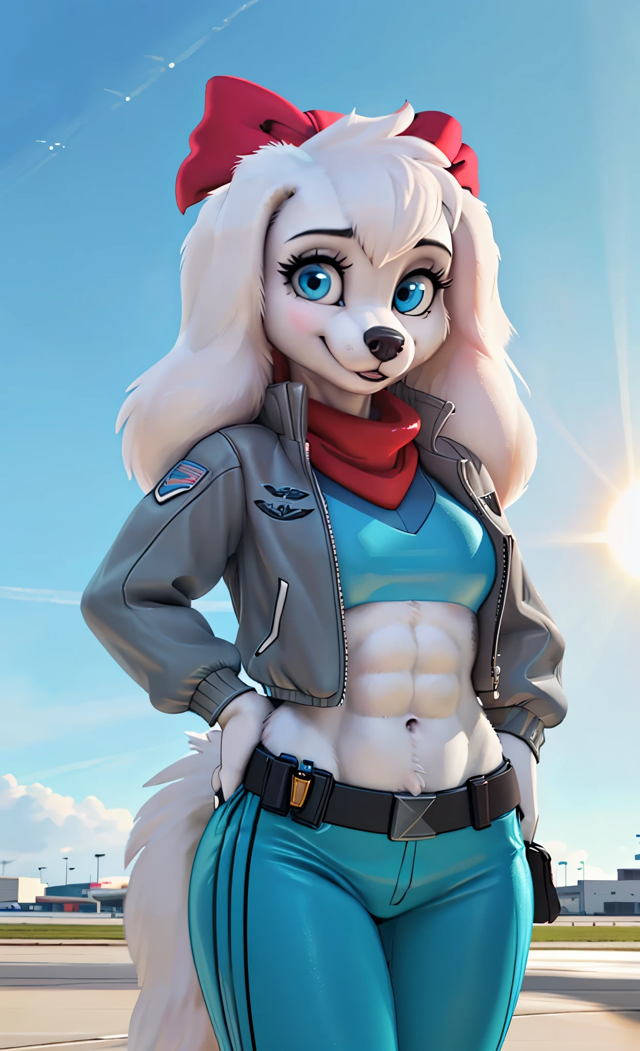 [fay spaniel], [Uploaded to e621.net; (mayosplash), (Pixelsketcher)], ((masterpiece)), ((HD)), ((high res)), ((solo portrait)), ((full body)), ((front view)), ((furry; anthro)), ((detailed fur)), ((detailed shading)), ((beautiful render art)), ((cel shading)), {(anthro labradorpoodle), white fur, black nose, (long white floppy labrador ears), (curly white hair), (cute round blue eyes), (long eyelashes), (detailed abs), (curvy hips), (beautiful legs), (cute smile), (excited expression)}, {(teal zip-up track jacket), (red scarf), (giant red hair-bow on top of head), (white leather jacket with shiny texture), (light-blue shirt), (navel), (teal pants), (utility belt with gold triangle belt buckle), (grey combat boots)}, {(standing), (hand on hip), (looking for viewer)}, [background; (air force base), (plane runway), (blue sky), (bright sun), (sun rays), (ambient lighting)]