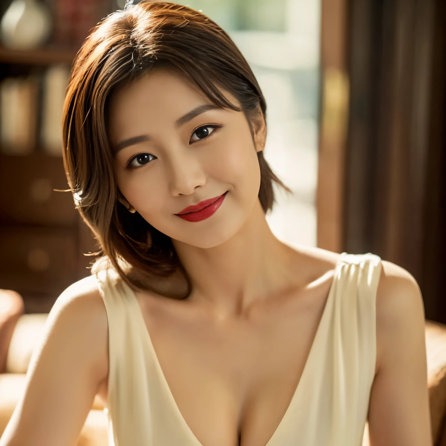 (highest quality、table top、8k、best image quality), The most beautiful and elegant 45 year old mature woman、 (photo of woman&#39;s upper body:1.1)、beautiful and detailed face、(standing in the living room:1.1)、Elegant and beautiful V-neck room wear、clavicle、(A sad and fleeting smile staring at me)、perfect makeup、(Bewitching、shiny、sexy milf)、cleavage、plump body、(Romantic and moody warm lighting:1.2)、lipstick、long eyelashes、perfect shiny beautiful lips、plump lips、Beautiful and classy eyeshadow The most beautiful and classy hairstyle、(accurate anatomy:1.1)、blurred background