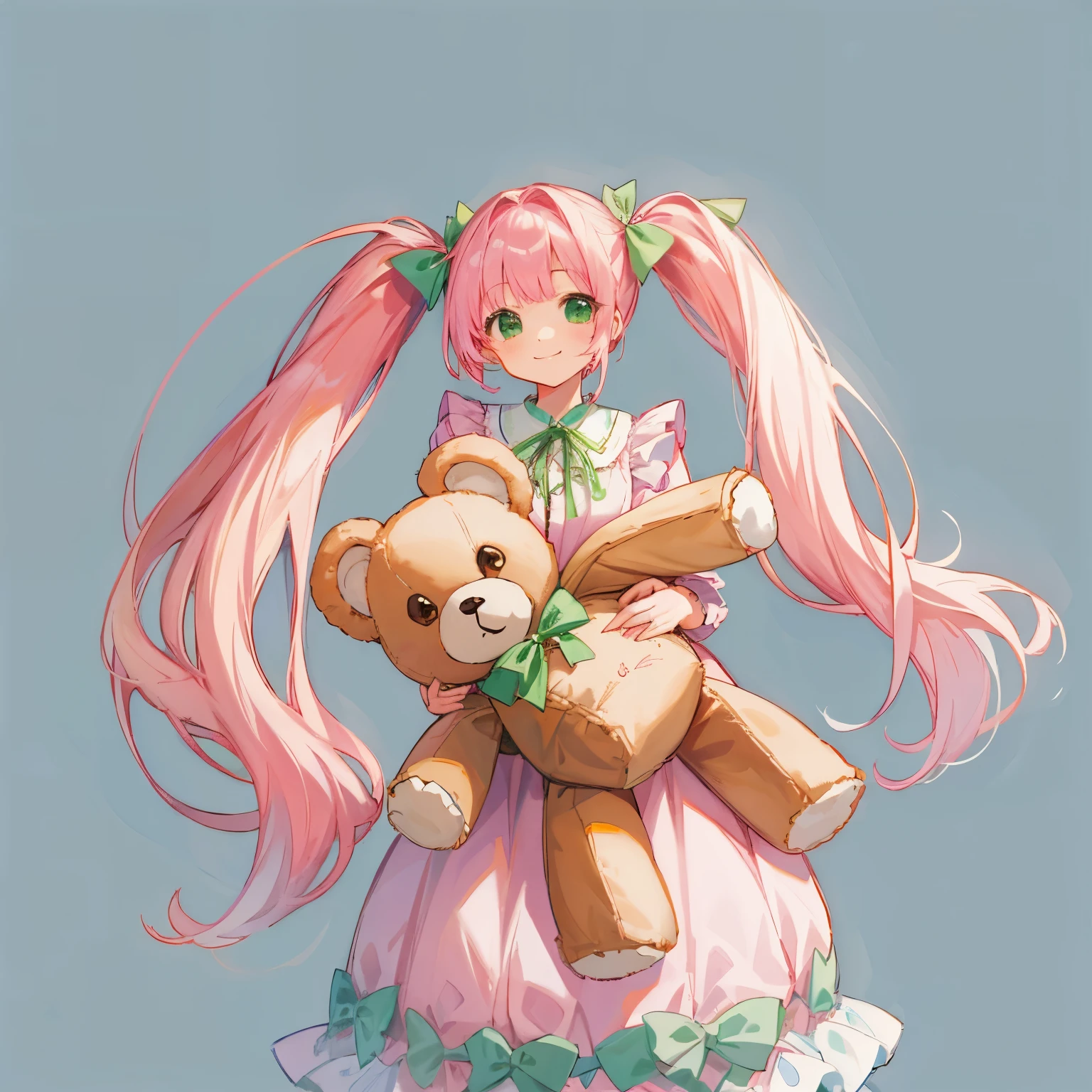 masterpiece, High resolution, screenshot, highest quality, 1 girl, pink hair、twin tails、pink dress、white frill at neck、yellow frill、brown teddy bear with red ribbon、green ribbon、smiling girl、green hair ornament