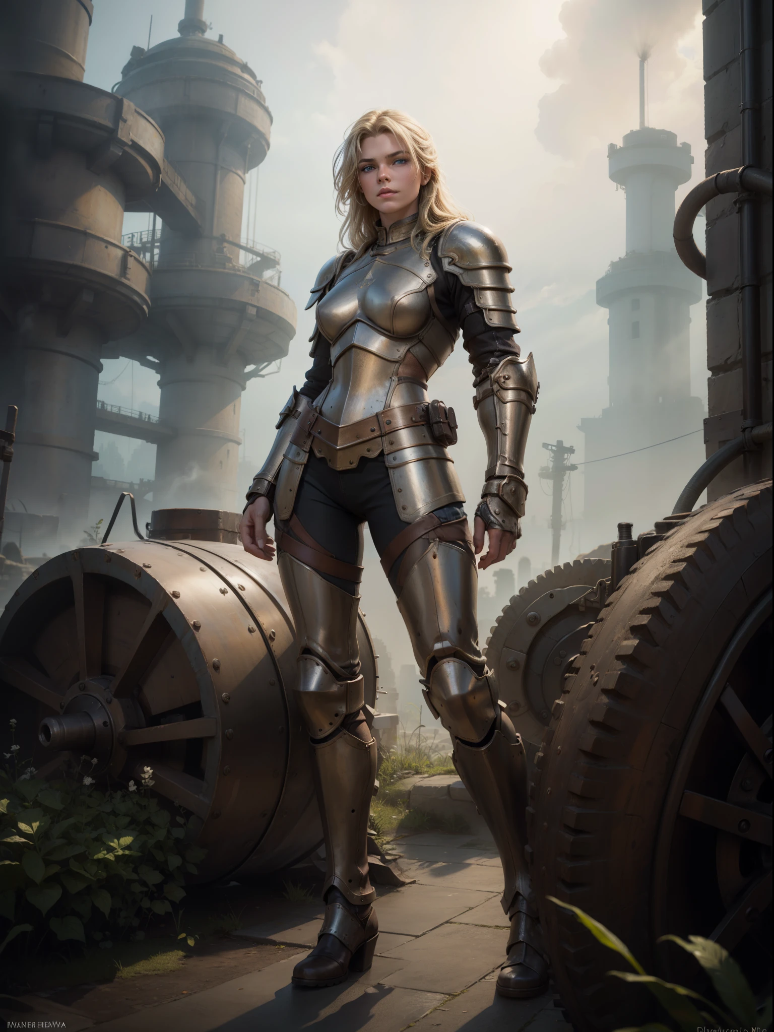 Full body fantasy image century girl in dieselpunk knight armor, with blonde long hair, blue eyes, and white ultra - detailed leather texture. Gears, pipes, cables, and very intricate small details in faded brownish colors. Photorealistic, cinematic, with fog, smoke, and haze Expansive landscapes