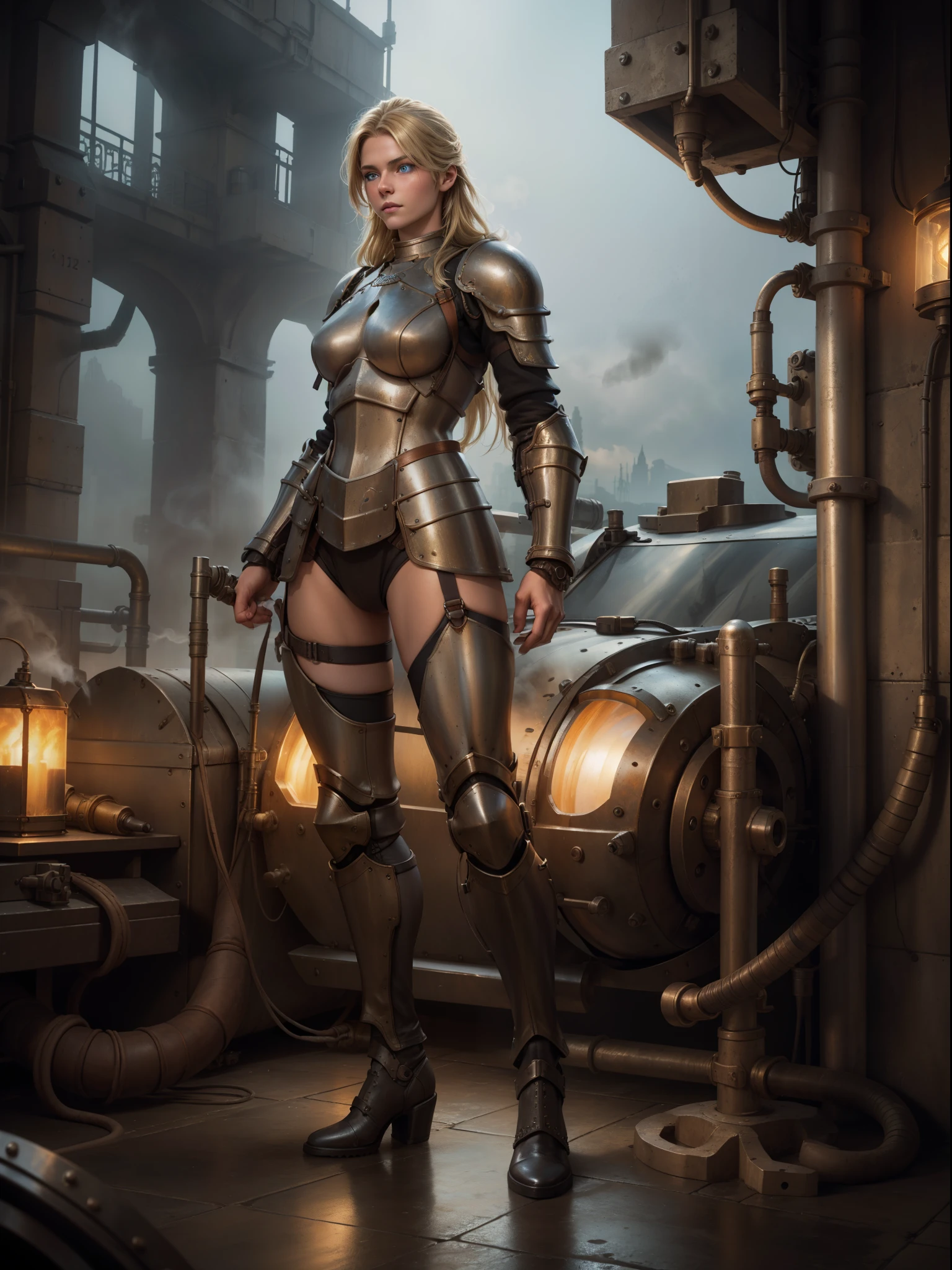 Full body fantasy image century girl in dieselpunk knight armor, with blonde long hair, blue eyes, and white ultra - detailed leather texture. Gears, pipes, cables, and very intricate small details in faded brownish colors. Photorealistic, cinematic, with fog, smoke, and haze Expansive landscapes