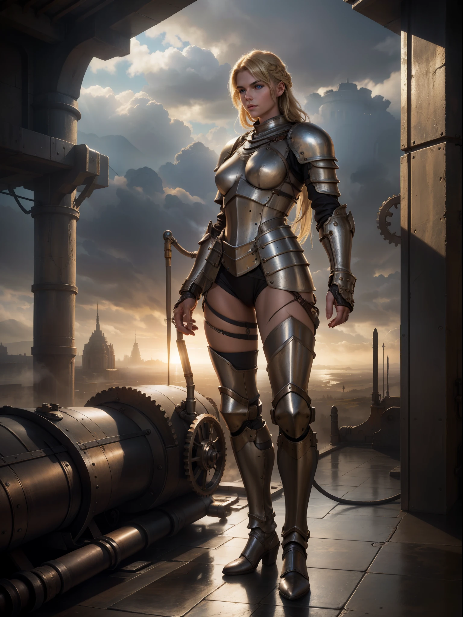 Full body fantasy image century girl in dieselpunk knight armor, with blonde long hair, blue eyes, and white ultra - detailed leather texture. Gears, pipes, cables, and very intricate small details in faded brownish colors. Photorealistic, cinematic, with fog, smoke, and haze Expansive landscapes
