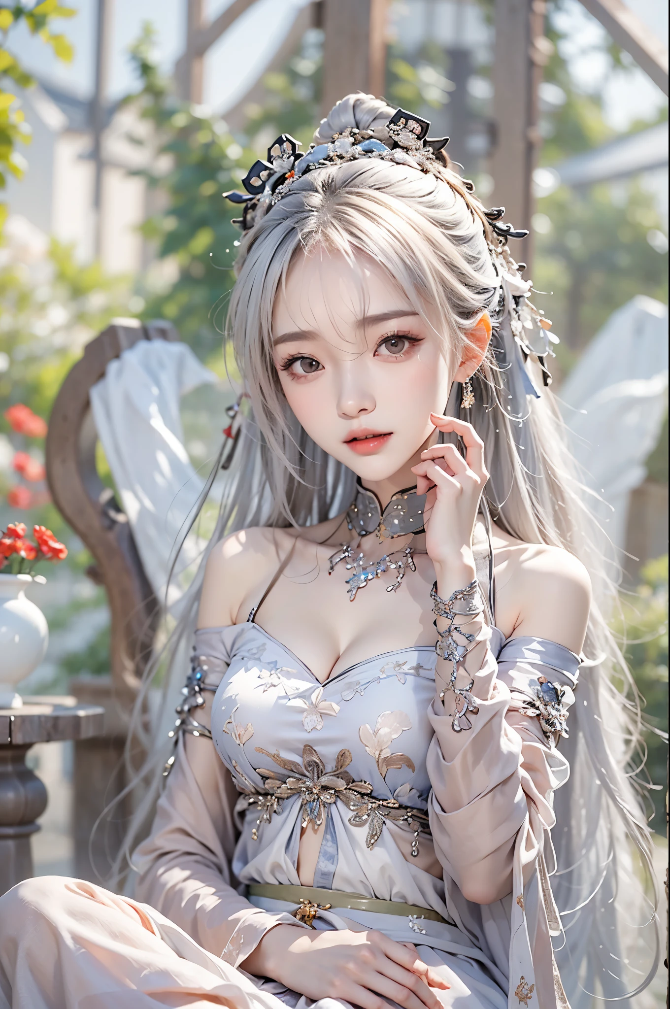 gufeng,bare shoulders, ((full body)), sitting position, Sitting in the garden，best quality， masterpiece， ultra high resolution,（realistically：1.5）， RAW photos， 1 girl, silver hair, long white hair，hair accessories，bshoulder，Cool and cool，Sexy look detailed scene, amazing pose, eye-catching accessories, picturesque