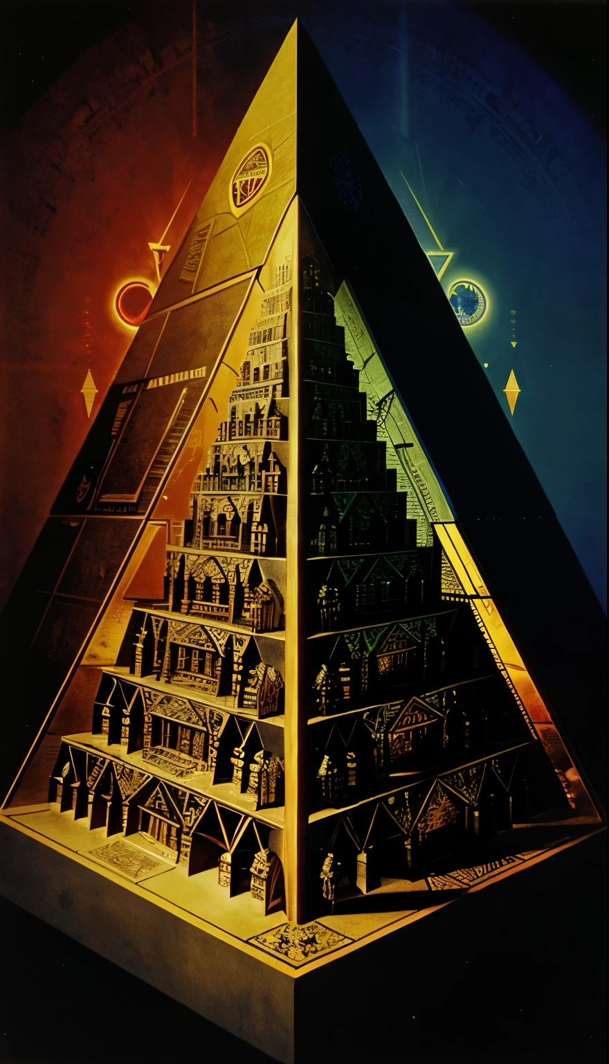 arafed image of a pyramid with a pyramid and a pyramid of skulls, ancient megastructure pyramid, Masonic art, Cedric Soth (Keos Freemasons), damn it, ego of death, damn it, ego death, pyramid, About Providentia, Alex Gray and Beksinski, pyramid portal, Alex Gray and Gustave Doré, Illuminati, Mystical alchemical occult art