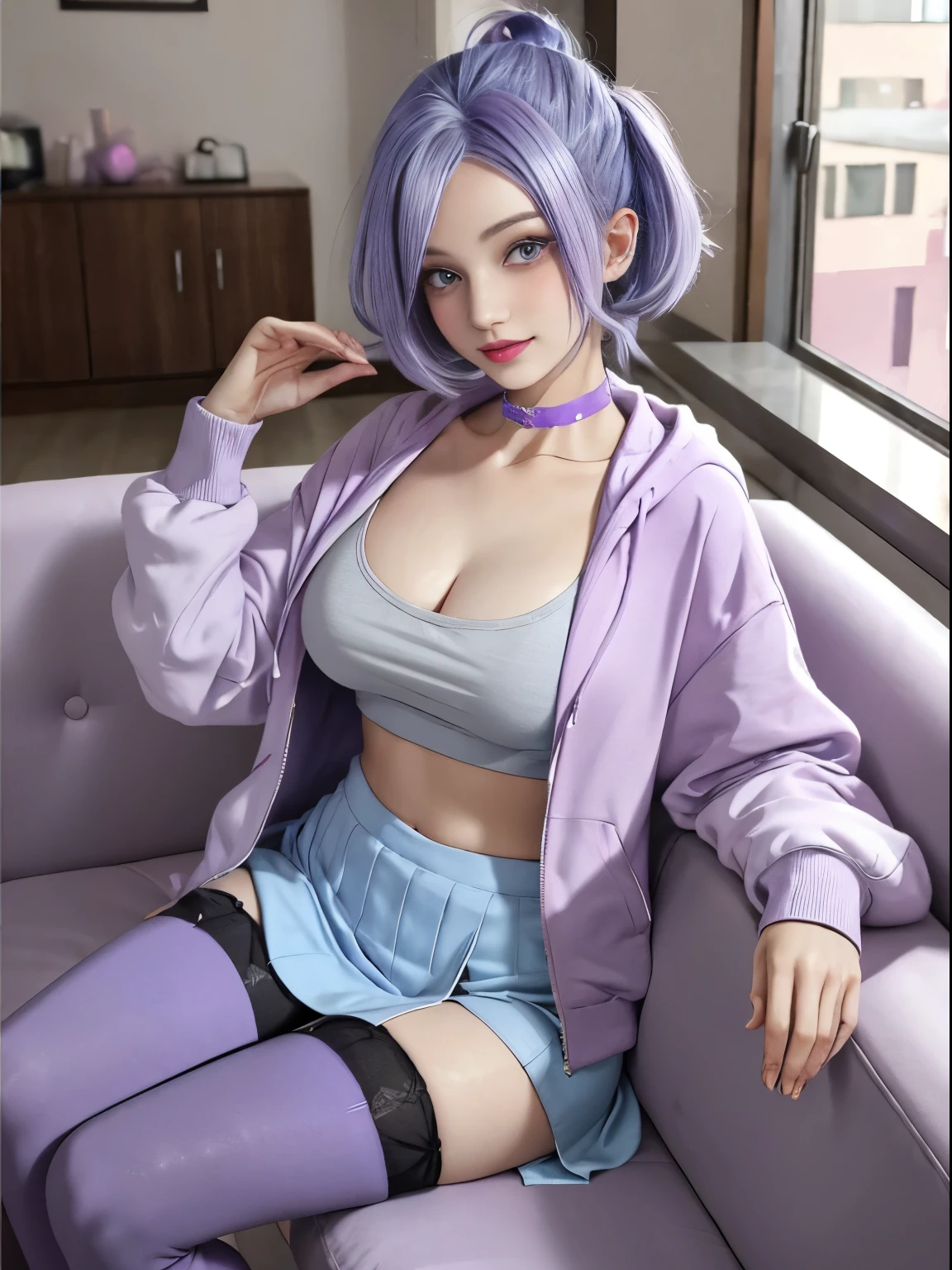 1girl, pastel, cracked dyed hair, purple and blue hair, smile, teeth, skirt, sitting, couch, huge breasts, blush, pastel lipstick, cropped unzipped hoodie, wink, head tilt, stockings, heavy makeup, skinny, avante garde hairstyle, choker, cute