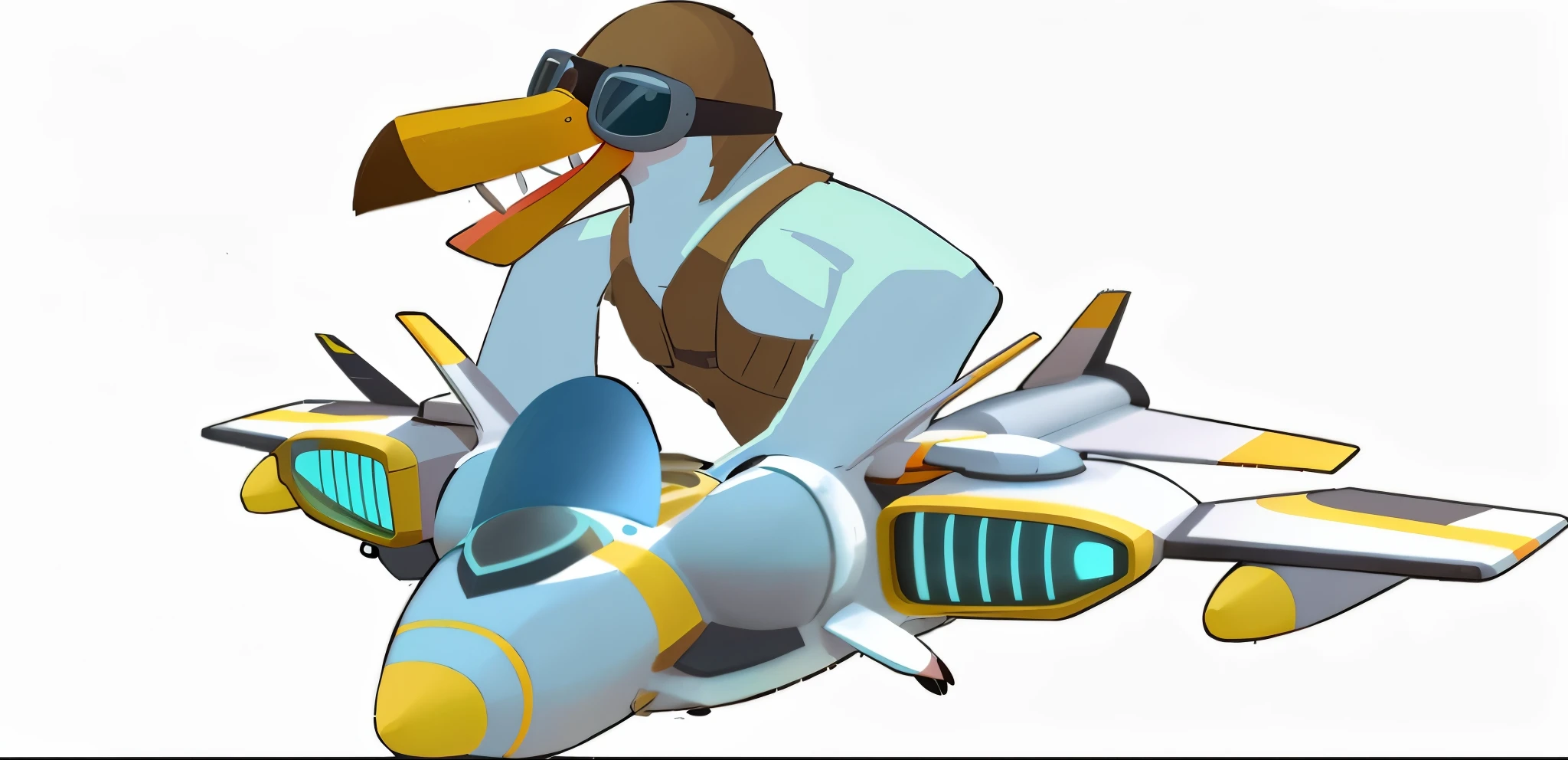拟人化的seagull,Flying an airplane,in the sky,Grinning,seagull,Cartoon,Wear goggles, illustration design、vector image、拟人化seagull、cyberpunk、sunglasses