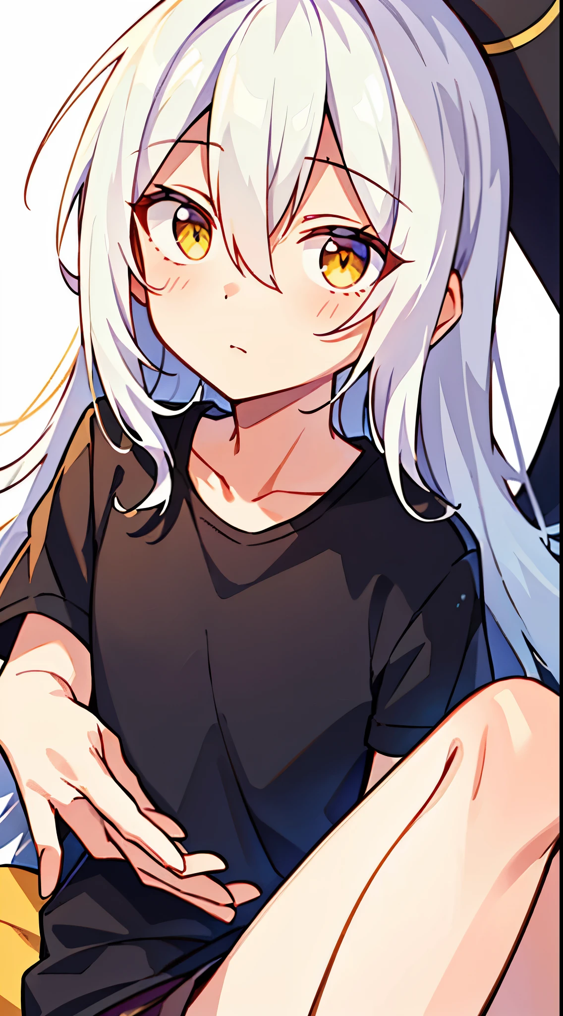 (high-quality, breathtaking),(expressive eyes, perfect face), 1girl, girl, solo, short, young girl, long hair, white hair, yellow eyes, nervous, black t-shirt, white background , focus to camera ,