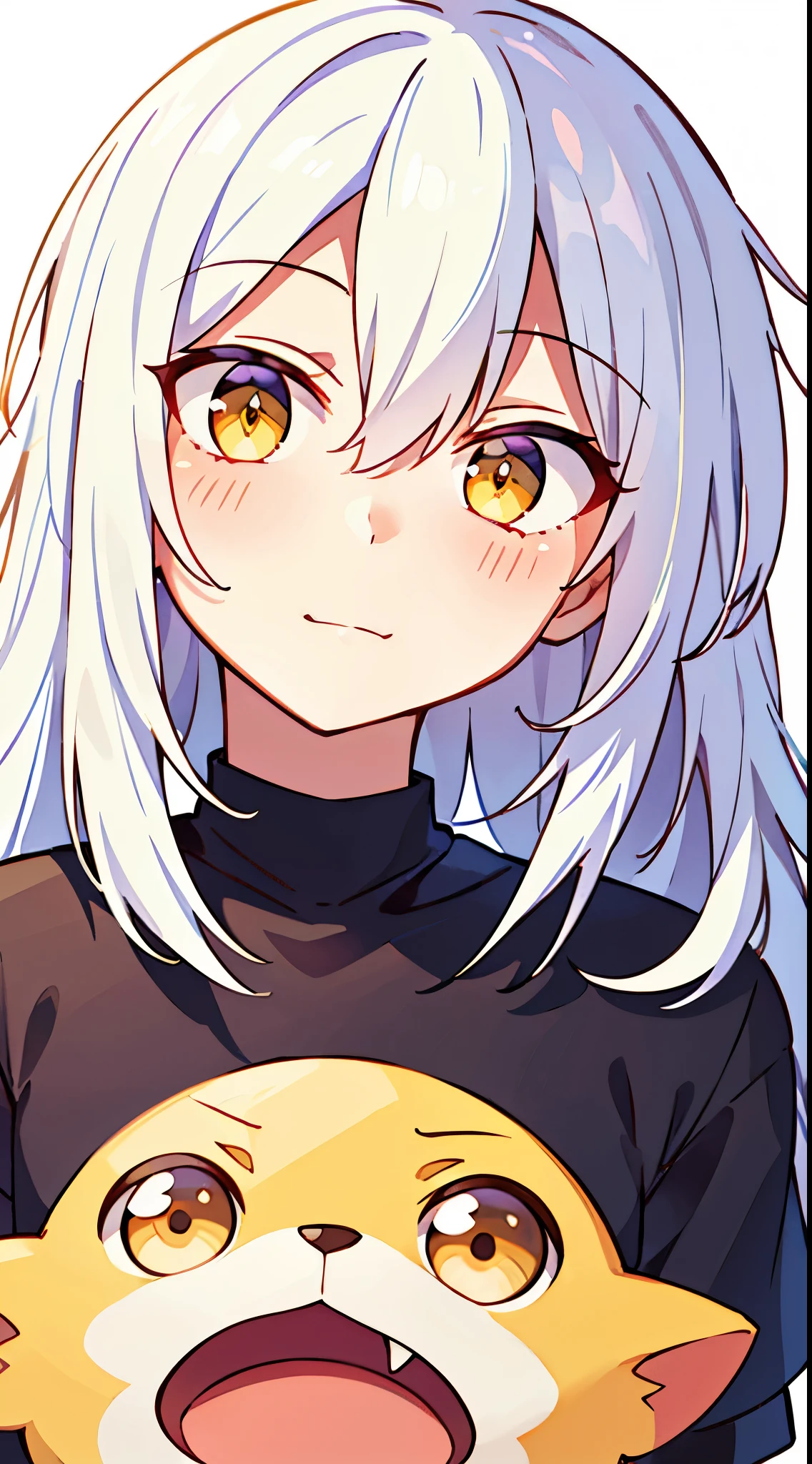 (high-quality, breathtaking),(expressive eyes, perfect face), 1girl, girl, solo, short, young girl, long hair, white hair, yellow eyes, nervous, black t-shirt, white background , focus to camera ,