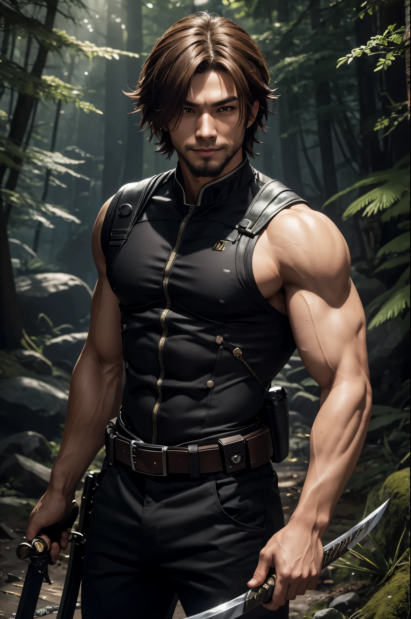 8K,Young man with flashy brown medium bob hair(24-years-old),Challenging atmosphere,muscular slim body,super realistic skin,Violent and strongly cracked abdominal muscles,black combat uniform,white inner shirt,black combat pants,Carrying a large and long Japanese sword in the forest,Mischievous smile,big eyes,black eyes,black combat uniformを着て身体を隠す,Perfect hand shapeの詳細,comical pose,masterpiece,Photorealistic RAW photos of the highest quality。bright colors,rich colors, Backlight, cinematic lighting, film grain, to be born, 50mm lens, Nikon D850,detailed character art,fantasy art,ultra high resolution,super realistic skin,Perfect hand shape,mountain path,Persona4(Hanamura Yosuke),wild(super realistic skin),One point beard,