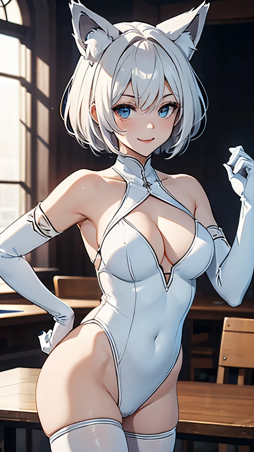 table top High level image quality best image quality 8k adult woman(I) white long gloves((blanche)(elbow gloves)) white pantyhose(blanche) leotard((blanche)(Tube top)) wolf ears short hair((shortcut)(gray hair)(Habitual hair)(fluffy)) eye color is blue laughter