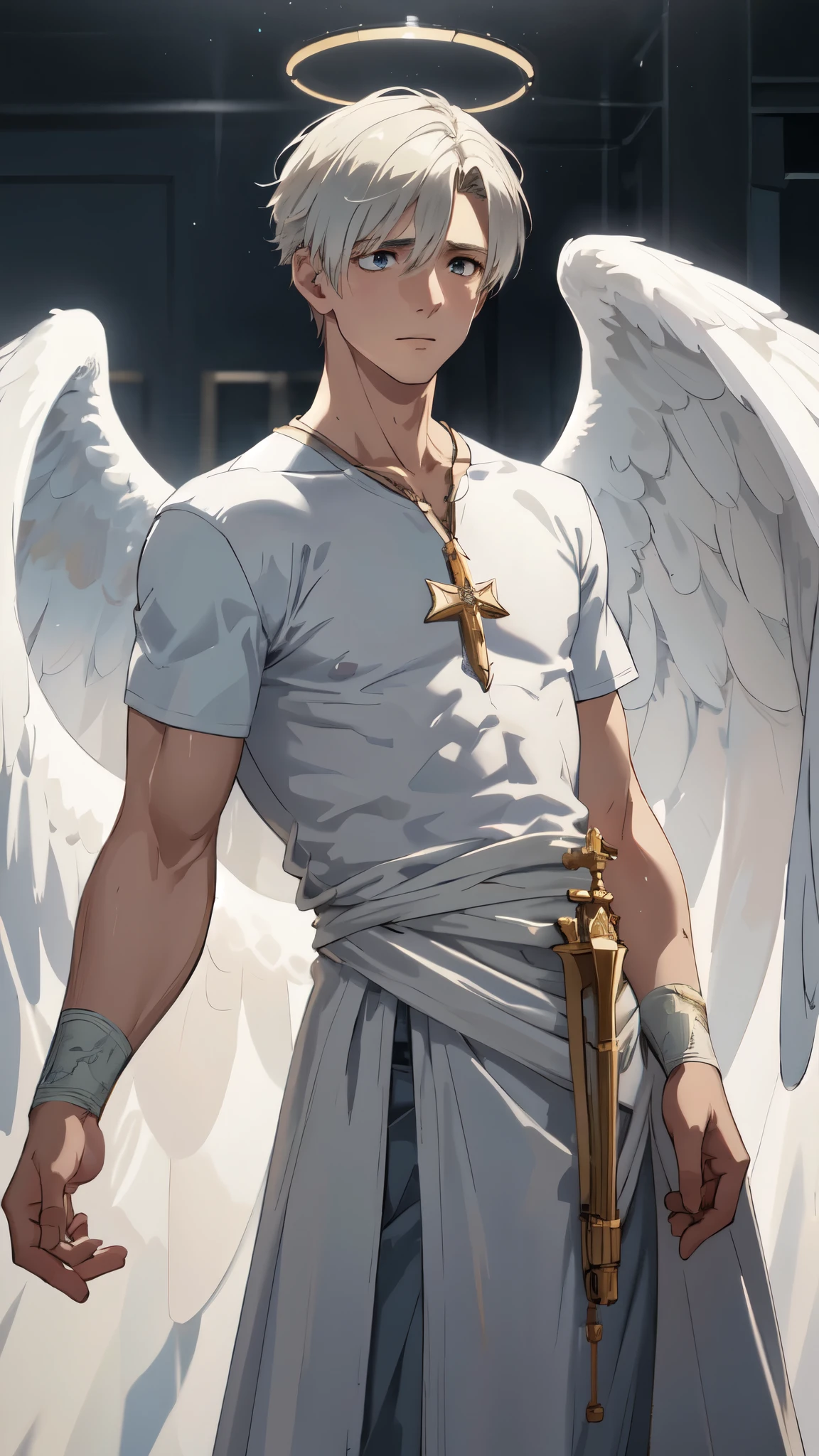 The Celestial Angels, Angels Descending from the Sky, (1man, 1boy, athletic:1.5), (sadness expression), holy clothes, angel wings, halo, realistic epic, soft cinematic portrait, Adobe Lightroom, Photo Lab, highly detailed, faded, (neutral colors: 1.2), (HDR: 1.4), (soft colors:1.2), hyperdetailed, (Artstation:1.4), cinematic, warm lights, dramatic light, (intricate details:1.1), complex background, (Rutkowski:0.66), (blue and orange:0.4)