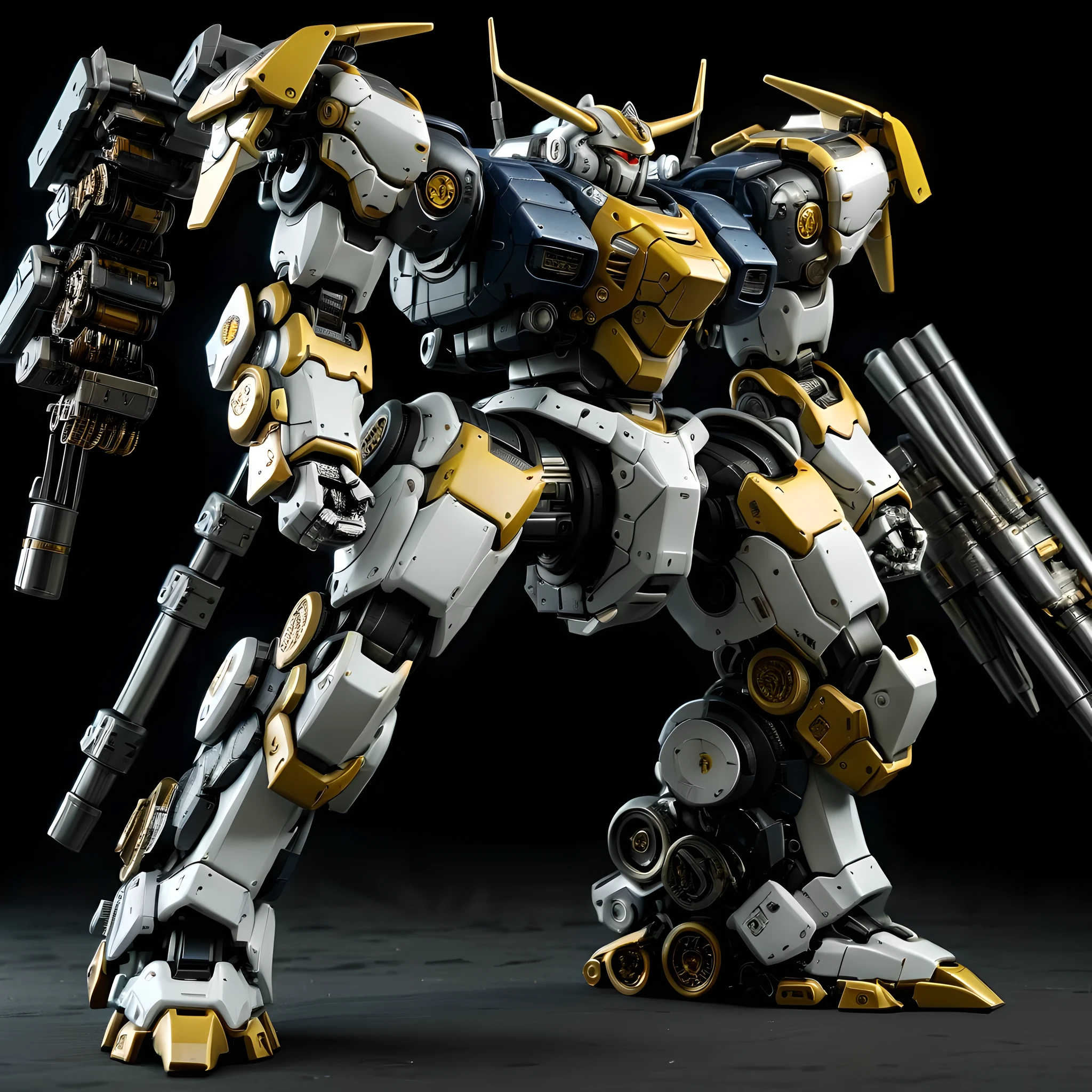 full view, Pure black background, A white and yellow Bull Mecha stands on the ground,Get into a fighting stance, Featuring a mechanical bull-shaped head and a body composed of ultra-precision mechanical parts, Electronic Component, and metal armor. (Well-designed, high detail, masterpiece, best quality, ultra high definition, Sharpen details, , metallic feel),Hour, (Heavy mech:1.4), (hawken:1.4)