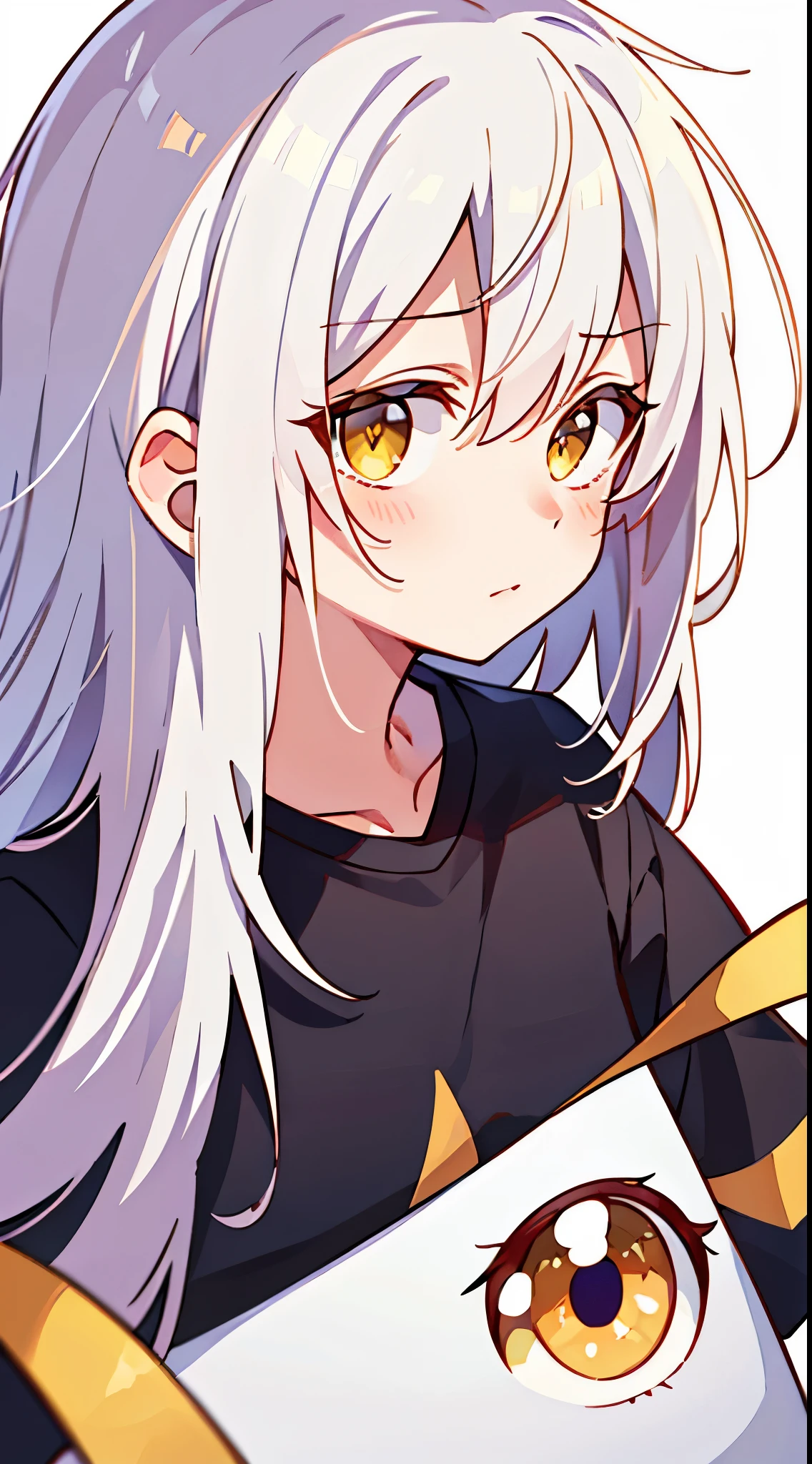 (high-quality, breathtaking),(expressive eyes, perfect face), 1girl, girl, solo, short, young girl, long hair, white hair, yellow eyes, nervous, black t-shirt, white background , focus to camera ,