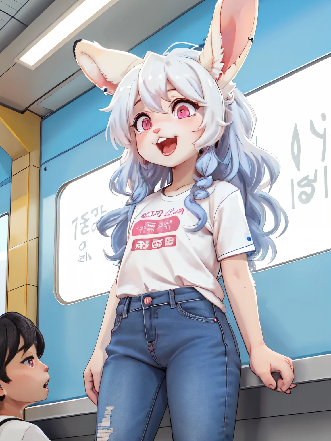 (a white young female rabbit furry), white fur, black fur on ear's edje, light blue curly hair, pink eyes, kemomo, bbw, plump, small, short height, young furry, little, opening mouth, cute rabbit teeth, (a huge chubby pink male porcine furry), fat pink cock, pov, in crowded subway, crowds are furry,pants, short jeans, t-shirts, high angle, aroused, sex, vaginal penetration, breasts exposure, surprised crowd, raising legs up, close up to female, little breasts
