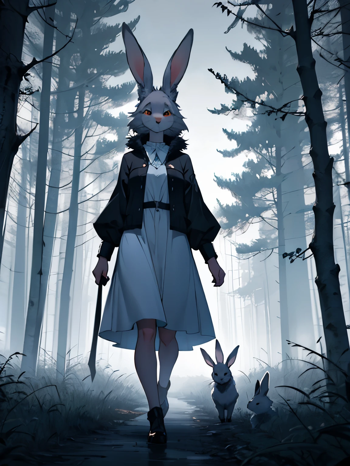 Furry rabbits in dresses stand against the background of a misty gloomy forest, horror
