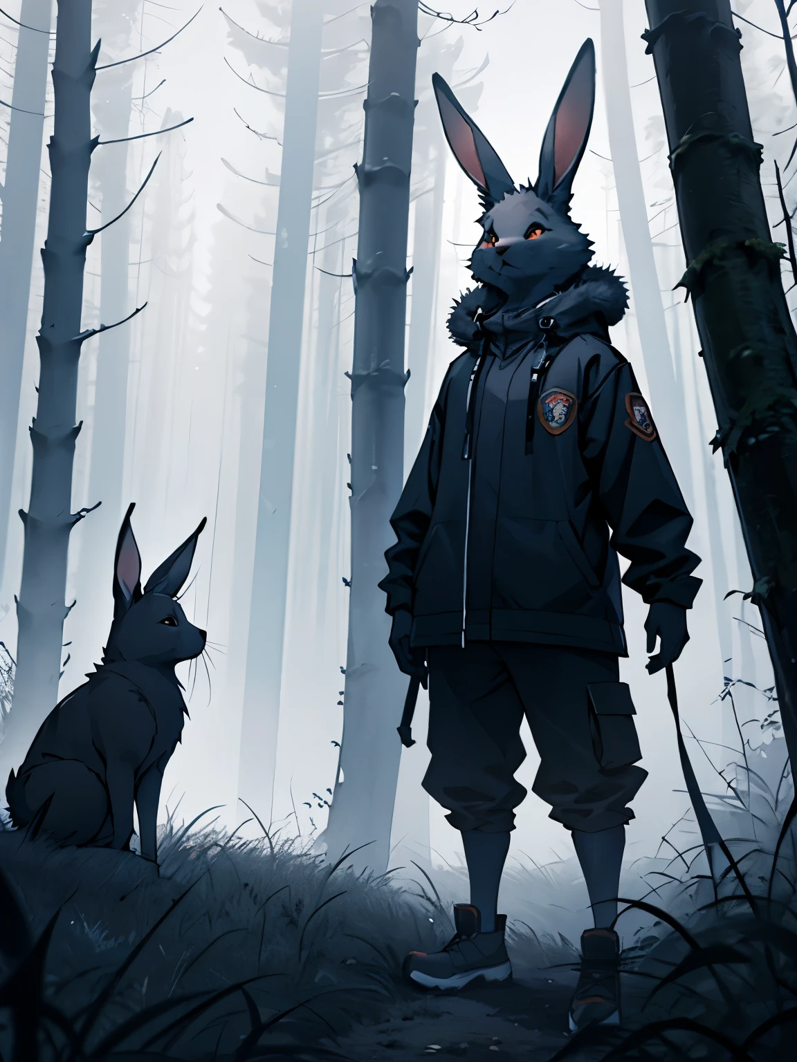 Furry rabbits stand in the distance against the background of a foggy gloomy forest, horror