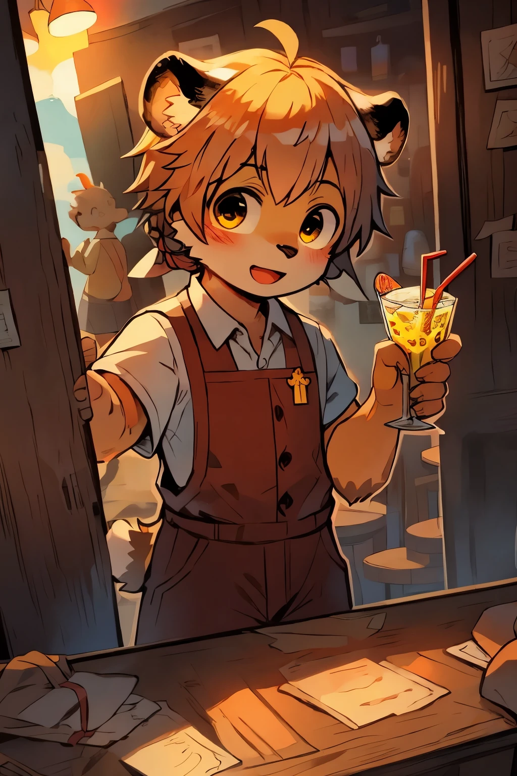 big watery eyes,Warm island atmosphere,More soft details and shadow corgi waiter:1.1),A large glass of ice lemonade,在spanish bar的内部. spanish bar，There is a wooden counter on the left, There&#39;s an open door in the back, And the scenery of the Spanish islands outside the door.(Spanish island style:1.1),alone, Kanno, ,(In a spanish style bar:1.1),（sexy waiter:1.1),（male，boy,toddlers，Baby dolls）,Holding a tray in one hand，A glass of lemonade and orange jelly on a tray. masterpiece, best quality, perfect anatomy, , author：Milk tiger 1145, author：British