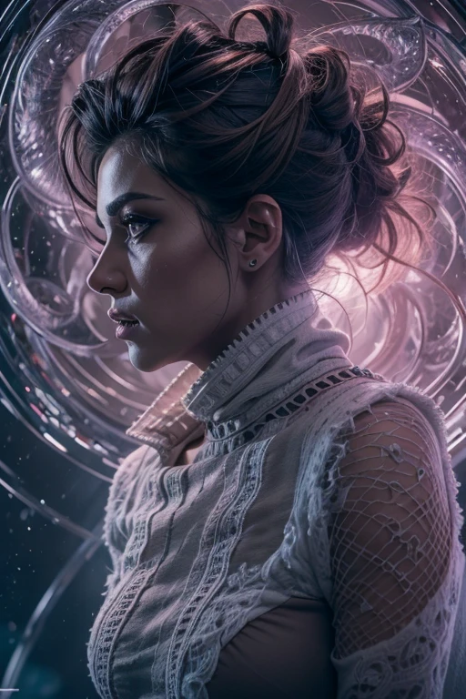 photograph, portrait, floating intimidating woman [Discovery of wormholes leads to new worlds|A cursed prince must marry a monster], [Science fiction:fantasy:0.6] cinematic lighting
