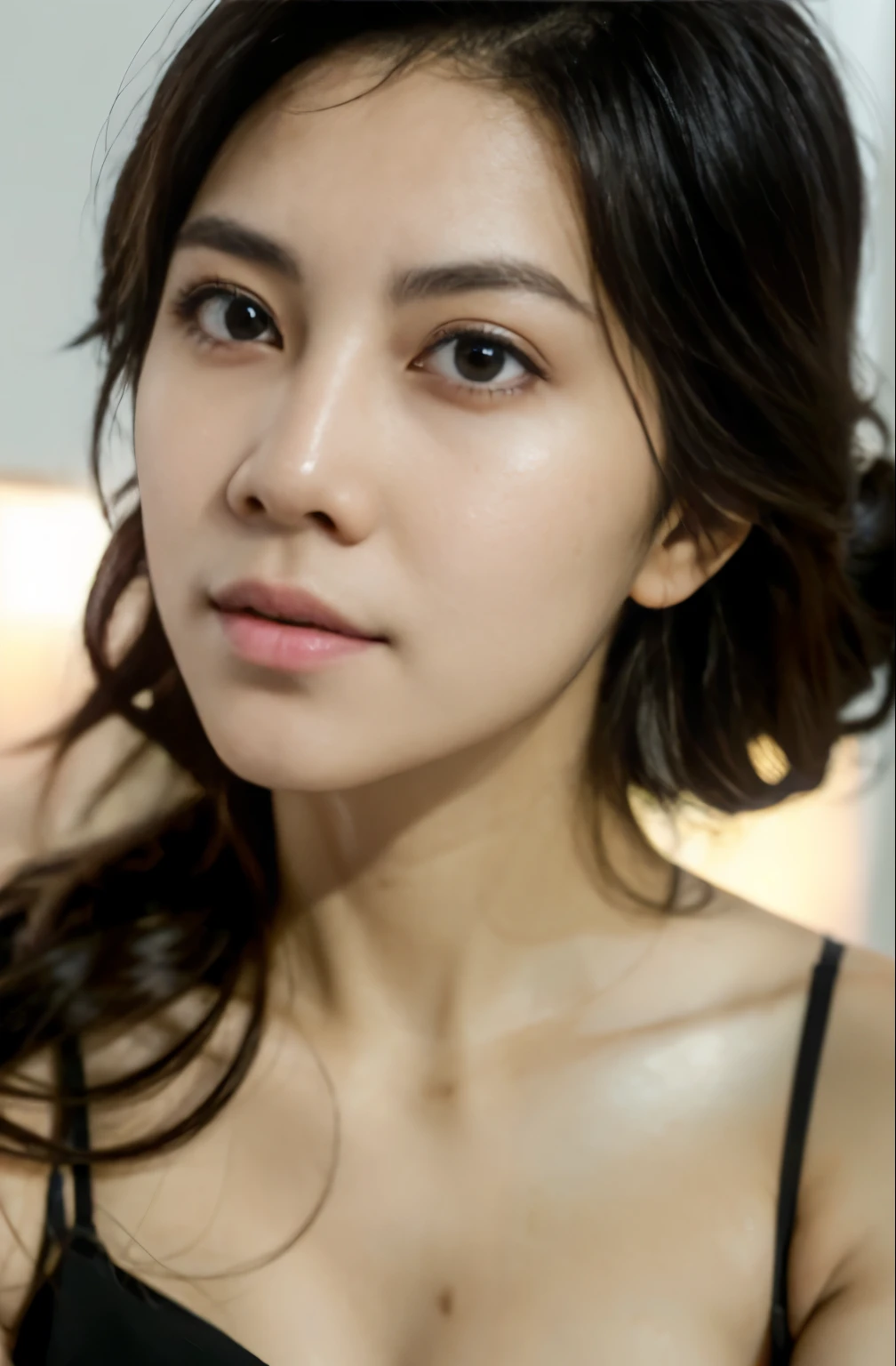 looking at the audience, light makeup, Realism, photo-hyper-realistic, Professional color correction, 10, F2.4 apertures, 35mm lens., realistic realistic face, Includes only the facial area,Skincare style, Indonesian girl, 20 years old