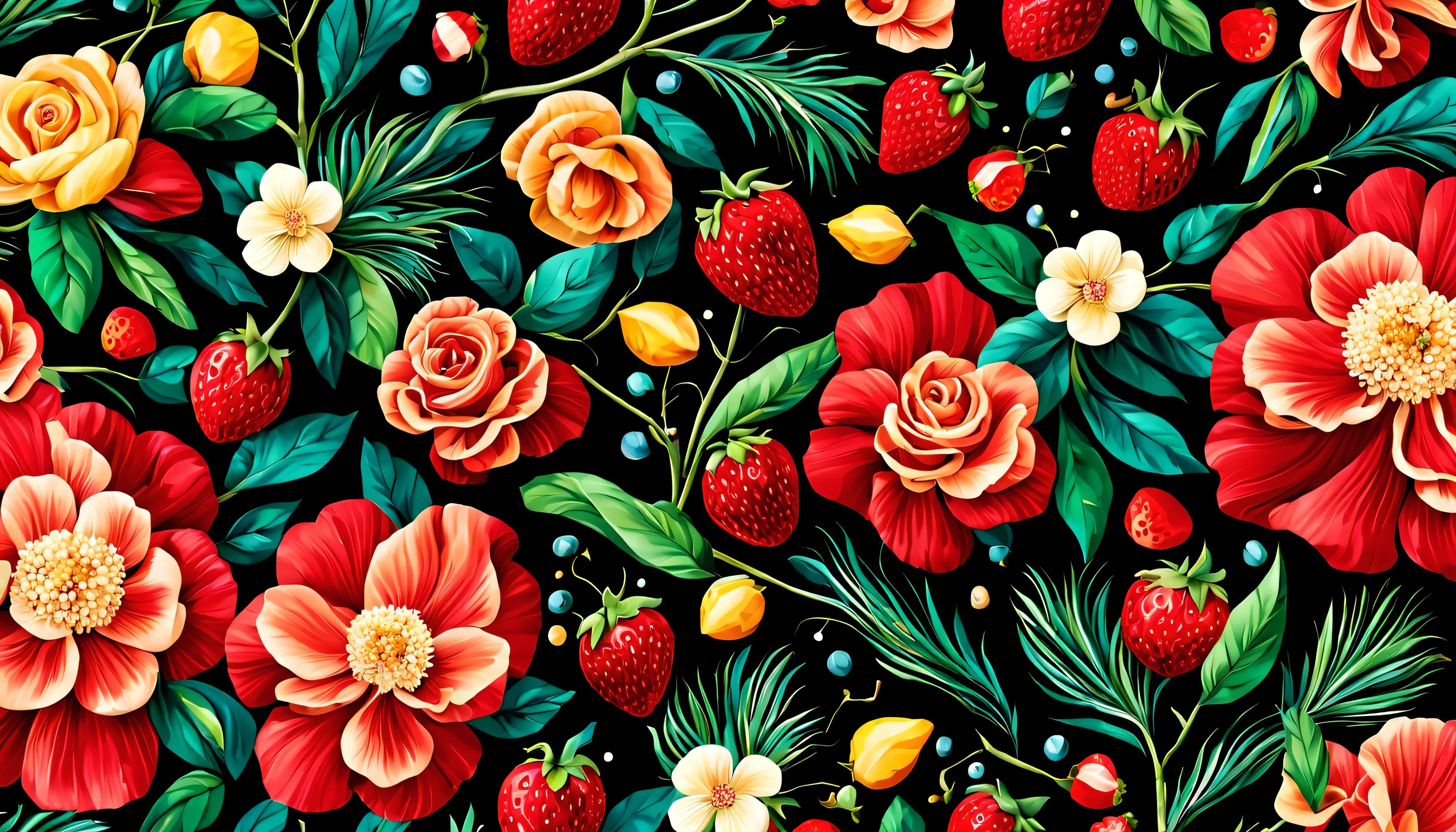 ((RED background)) Seas of freshness with the Ocean Rose — ocean breeze, sun-bleached driftwood, and a touch of salty sea air. colorful pearls, jewels, ((butterfly)), ((yellow small stars)), (strawberry), rose, || (embroidery) seamless pattern, fruit, butterfly, Best quality, masterpiece, ultra high res, (photo realistic:1.4), surrealism, dream-like, ((abstract art)), vector arts, a close up of a floral pattern on black background, floral wallpaper, ornate floral, floral pattern, floral explosion, floral! intricate, floral flowers colorful, chinoiserie pattern, flowery wallpaper, floral renewal, with colorful flowers and plants, floral dream, garden flowers pattern, floral patterned skin, floral design, floral motives, boho floral vines