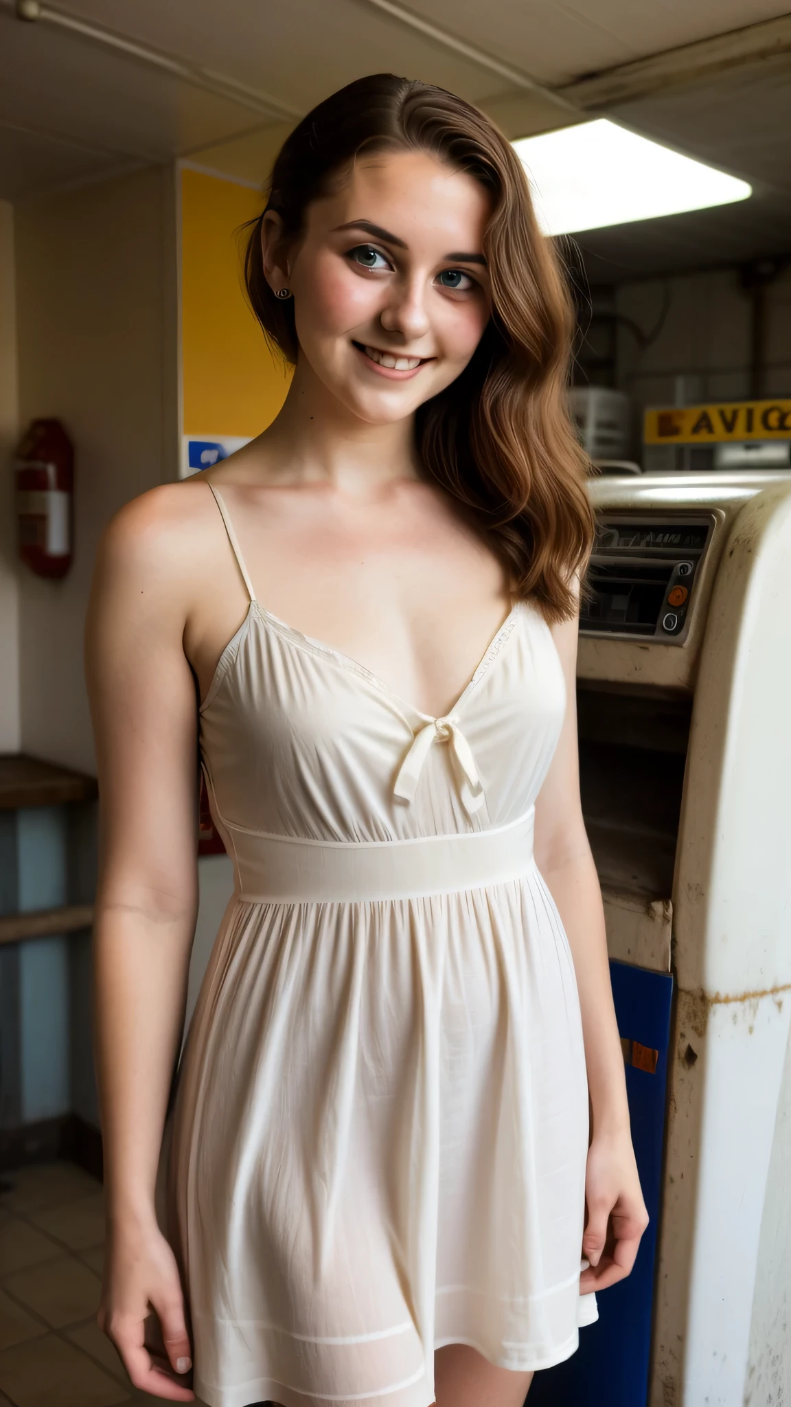 Retro analog style photo of a 28 year old feminine woman happily posing in a clean and beautiful sundress, high detail, soft focus, dramatic, 50'rustic gas station, Indirect lighting casts soft shadows on the subject