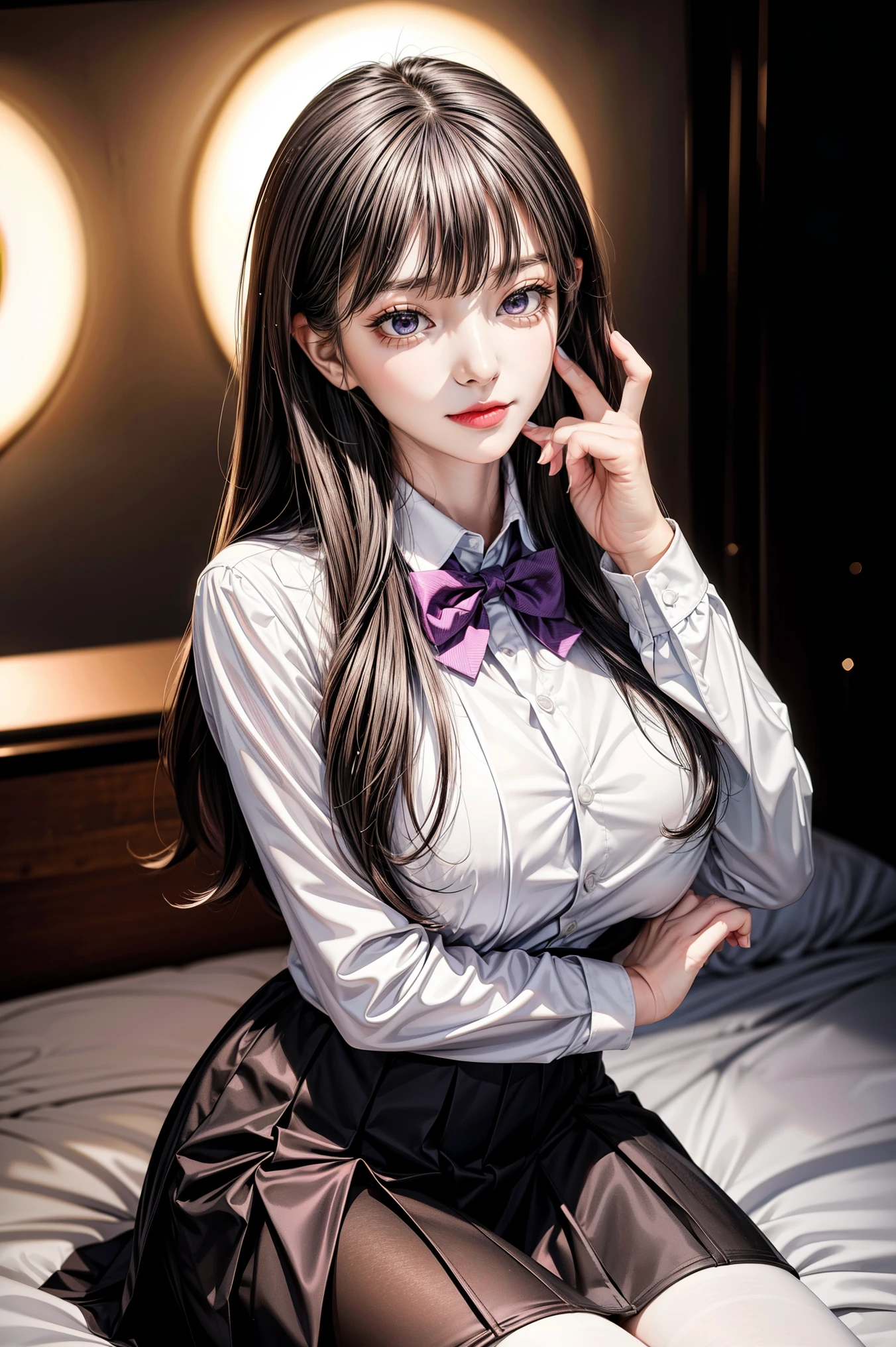 Simple White Background, Brown_blazer_jacket,long_sleeves, bowtie, pleated skirt, pantyhose, Black_hair,Long_hair,purple_eyes,Bangs, 1 girl, 20yo,Young female,Beautiful Finger,Beautiful long legs,Beautiful body,Beautiful Nose,Beautiful character design, perfect eyes, perfect face,expressive eyes,perfect balance, looking at viewer,(Focus on her face),closed mouth, (innocent_big_eyes:1.0),(Light_Smile:0.3), official art,extremely detailed CG unity 8k wallpaper, perfect lighting,Colorful, Bright_Front_face_Lighting,White skin, (masterpiece:1.0),(best_quality:1.0), ultra high res,4K,ultra-detailed, photography, 8K, HDR, highres, absurdres:1.2, Kodak portra 400, film grain, blurry background, bokeh:1.2, lens flare, (vibrant_color:1.2),professional photograph, (Beautiful,large_Breasts:1.1), (beautiful_face:1.5),(narrow_waist),
