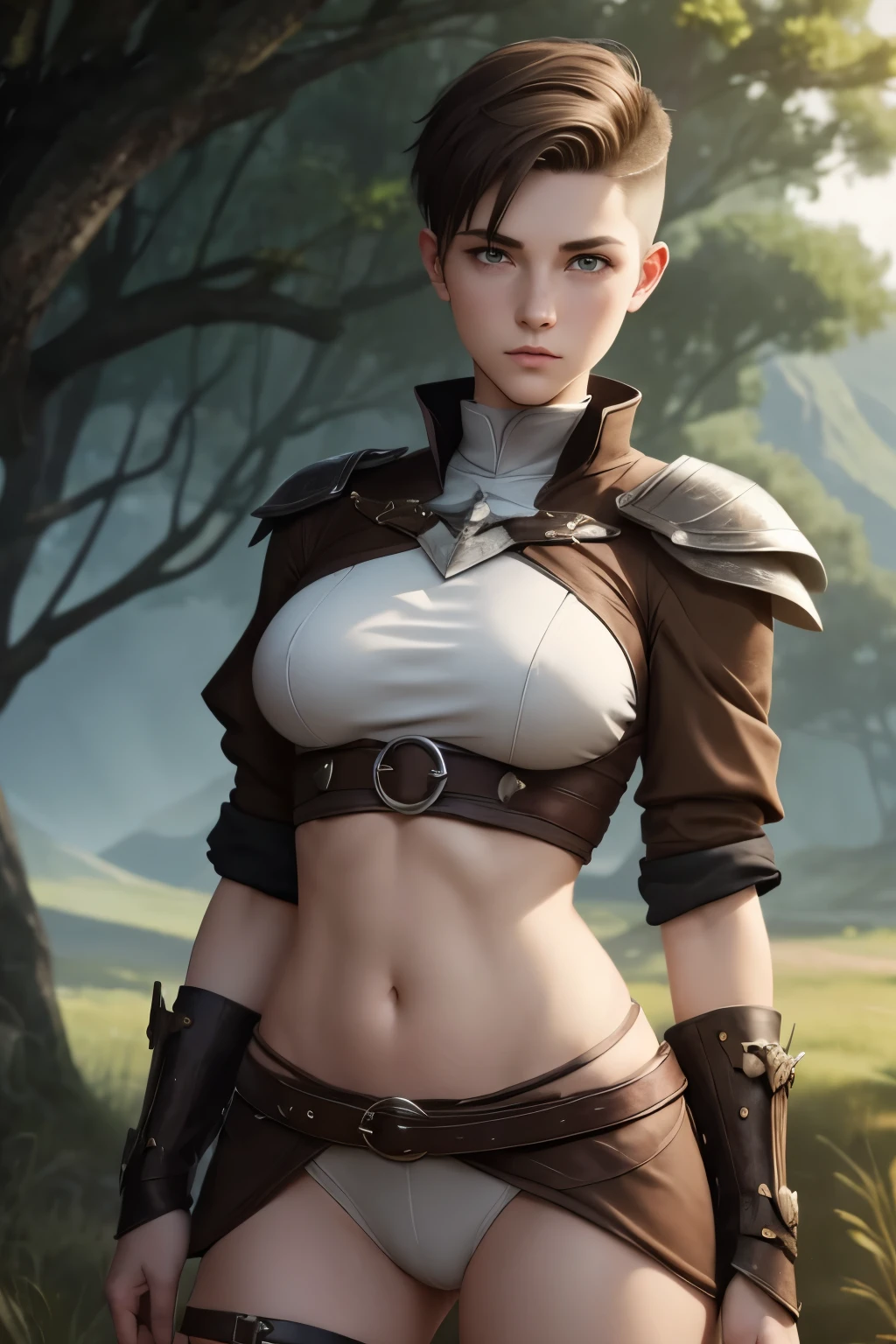 A young androgynous female cleric with an short undercut. Very pale skin with liverspots. Very short dark-brown hair with a undercut. Shaved sides. A pale soft narrow face with freckles. Very thin barely visible eyebrows. Big upturned eyes. Dark-brown eyecolour. Long wide nose. Curved soft lips. Soft round chin. Long neck. Wide hips. Long thick legs. Kind. Friendly. Tomboyish. Wearing a tight silver breast plate and tight brown pants. Background: Beautiful wide landscape with trees, hills and rivers. A vast blue sky. 