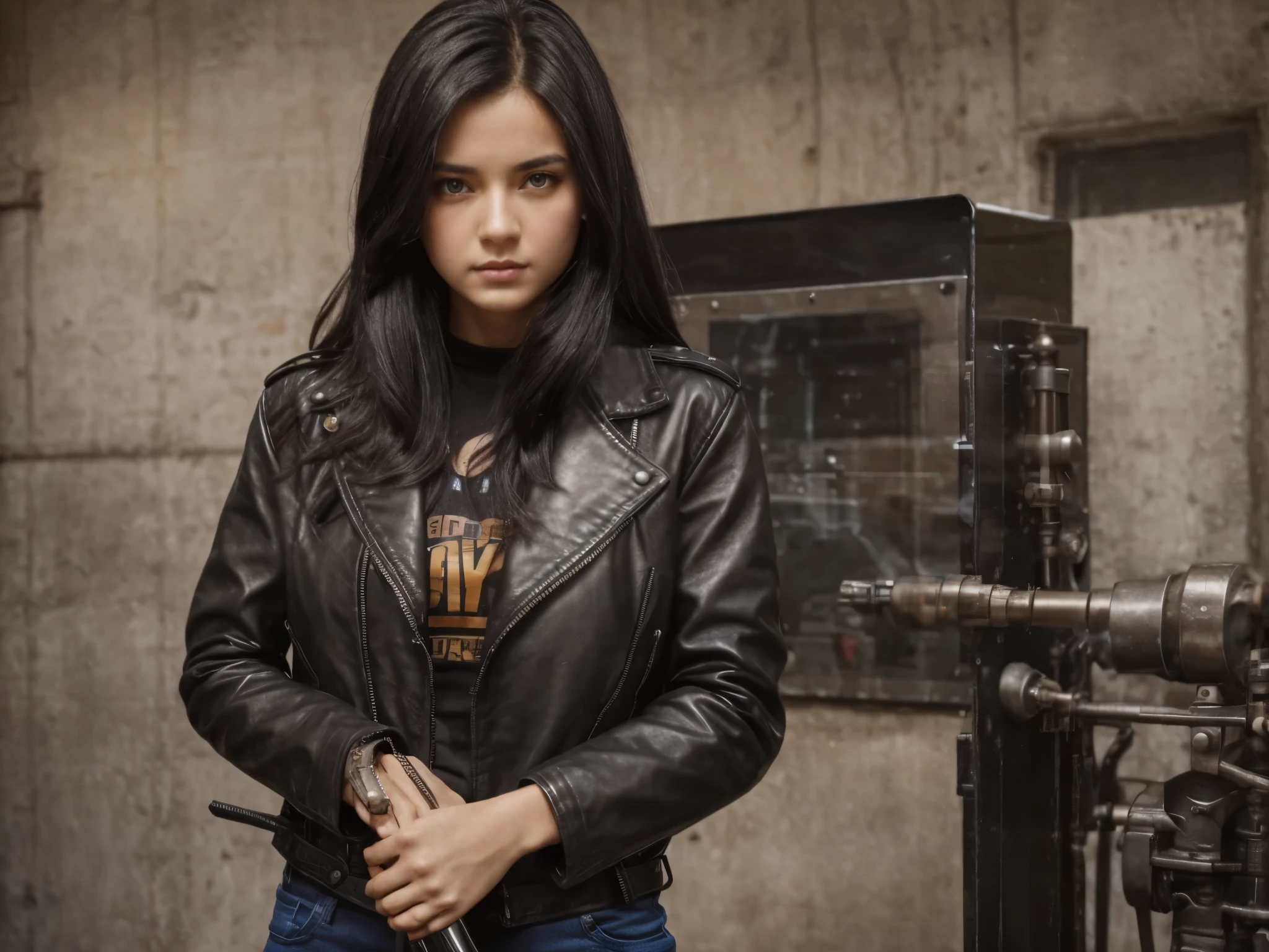 1girl,beautiful,black hair,Heteropupil,Blue-brown eyes,wearing black leather jacket,standing and holding a machine gun