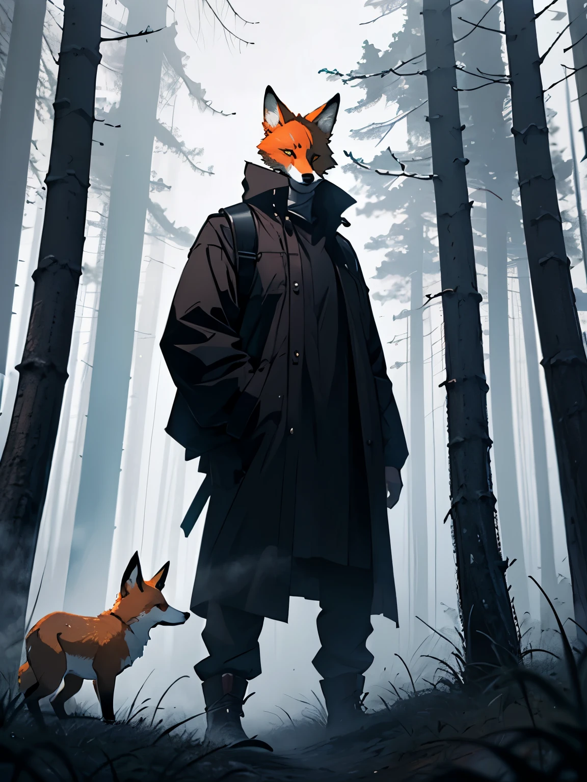 a man with the head of a red fox stands in the distance against the background of a foggy gloomy forest, horror