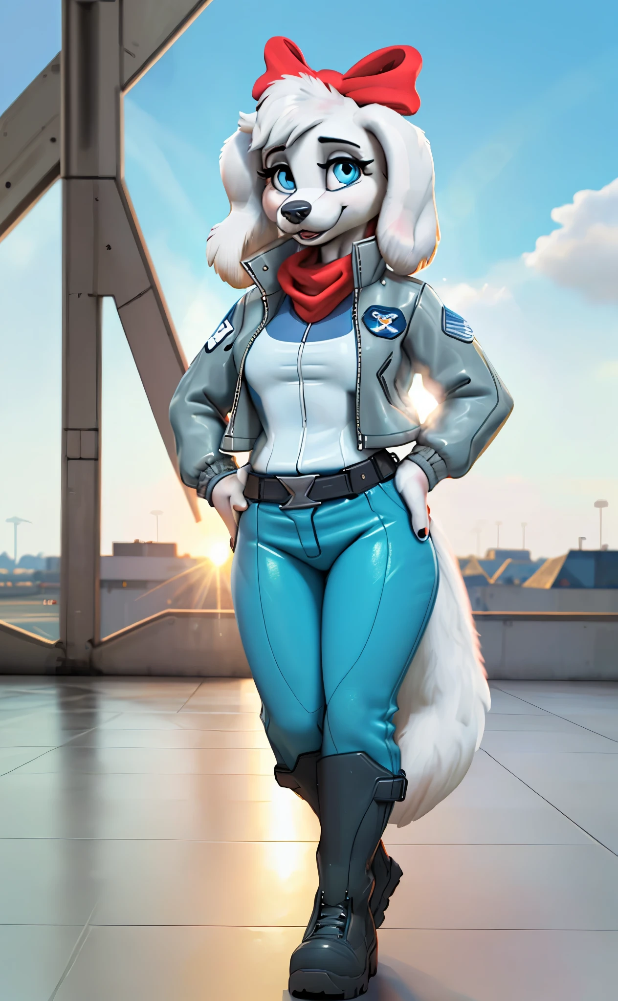 [fay spaniel], [Uploaded to e621.net; (mayosplash), (Pixelsketcher)], ((masterpiece)), ((HD)), ((high res)), ((solo portrait)), ((full body)), ((front view)), ((feet visible)), ((furry; anthro)), ((detailed fur)), ((detailed shading)), ((beautiful render art)), ((cel shading)), {(anthro labradorpoodle), white fur, black nose, (long white floppy labrador ears), (curly white hair), (cute round blue eyes), (long eyelashes), (curvy hips), (beautiful legs), (cute smile), (excited expression)}, {(teal zip-up track jacket), (red scarf), (giant red hair-bow on top of head), (white leather jacket with shiny texture), (teal pants), (utility belt with gold triangle belt buckle), (grey combat boots)}, {(standing), (hands on hips), (looking for viewer)}, [background; (air force base), (jet runway), (blue sky), (bright sun), (sun rays), (ambient lighting)]