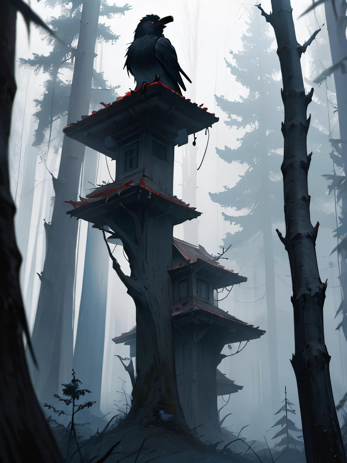lots of crows perched on branches, foggy, gloomy forest, horror.