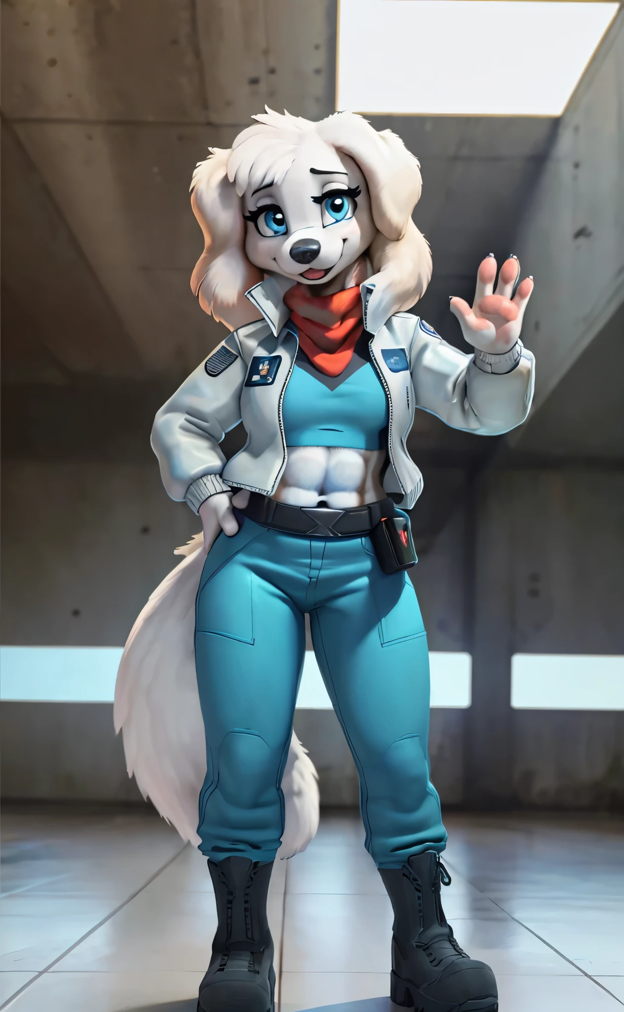 [fay spaniel], [Uploaded to e621.net; (mayosplash), (Pixelsketcher)], ((masterpiece)), ((HD)), ((high res)), ((solo portrait)), ((full body)), ((front view)), ((feet visible)), ((furry; anthro)), ((detailed fur)), ((detailed shading)), ((beautiful render art)), ((cel shading)), {(anthro labradorpoodle), white fur, black nose, (long white floppy labrador ears), (curly white hair), (cute round blue eyes), (long eyelashes), (detailed abs), (curvy hips), (beautiful legs), (cute smile), (excited expression)}, {(teal zip-up track jacket), (light-blue shirt), (navel), (red scarf), (giant red hair-bow on top of head), (white leather jacket with shiny texture), (teal pants), (utility belt with gold triangle belt buckle), (grey combat boots)}, {(standing), (hand on hip), (waving at viewer), (looking for viewer)}, [background; (air force base), (jet runway), (blue sky), (bright sun), (sun rays), (ambient lighting)]