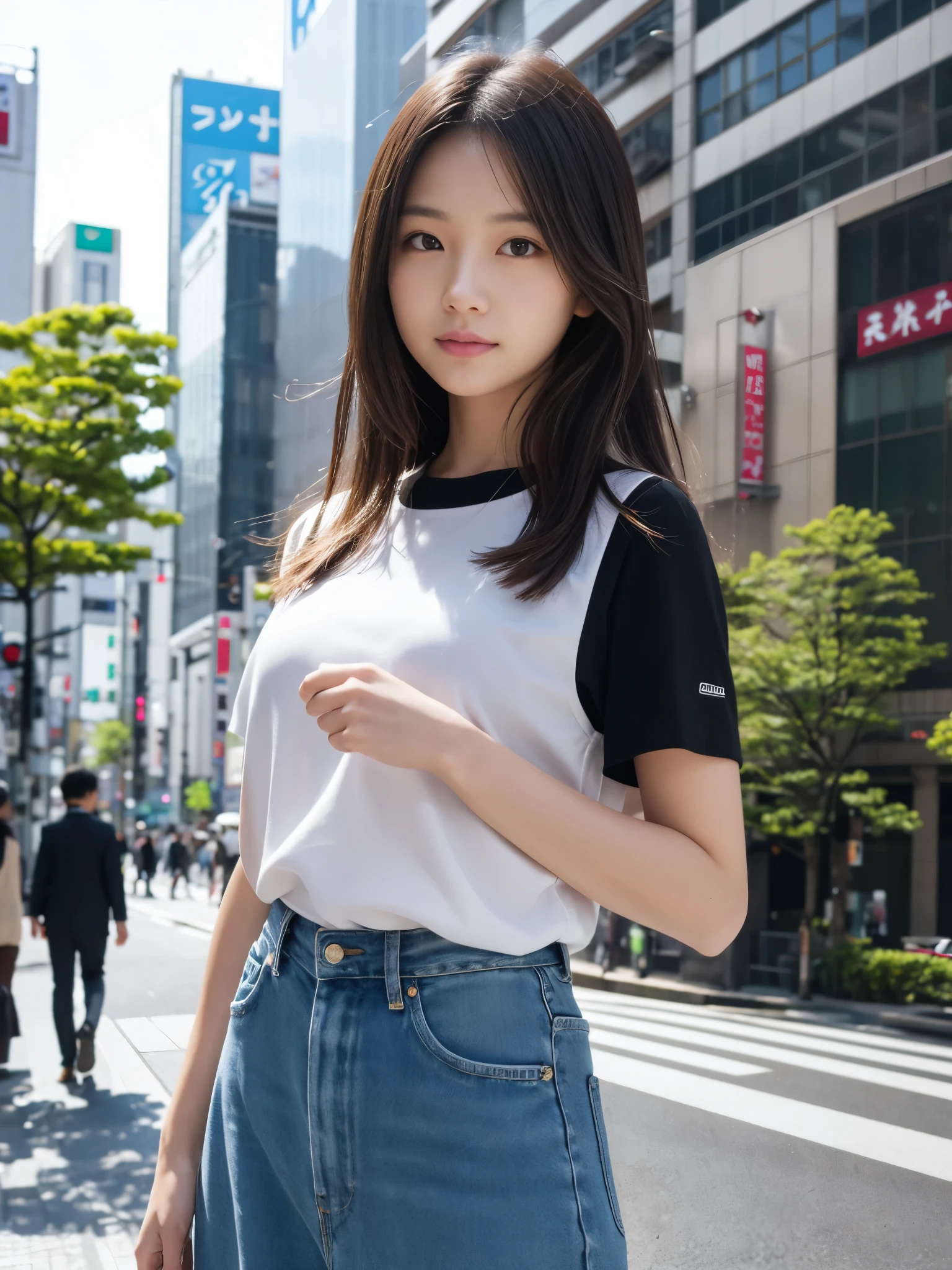 Photoreal, 8K full-length portrait, Beautiful woman, attractive look, Clear system, , Tokyo, 2024, spring, Shibuya in the background