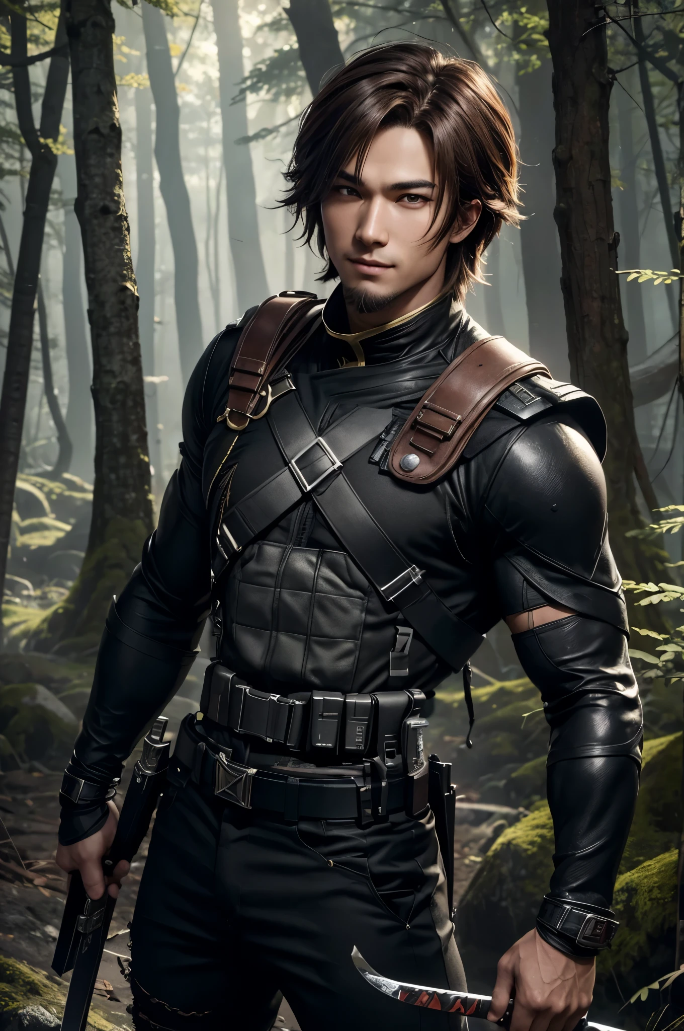 8K,Young man with flashy brown medium bob hair(24-years-old),Challenging atmosphere,muscular slim body,super realistic skin,Violent and strongly cracked abdominal muscles,black combat uniform,white inner shirt,black combat pants,Carrying a large and long Japanese sword in the forest,Mischievous smile,big eyes,black eyes,black combat uniformを着て身体を隠す,Perfect hand shapeの詳細,comical pose,masterpiece,Photorealistic RAW photos of the highest quality。bright colors,rich colors, Backlight, cinematic lighting, film grain, to be born, 50mm lens, Nikon D850,detailed character art,fantasy art,ultra high resolution,super realistic skin,Perfect hand shape,mountain path,Persona４(Hanamura Yosuke),wild(super realistic skin),One point beard,