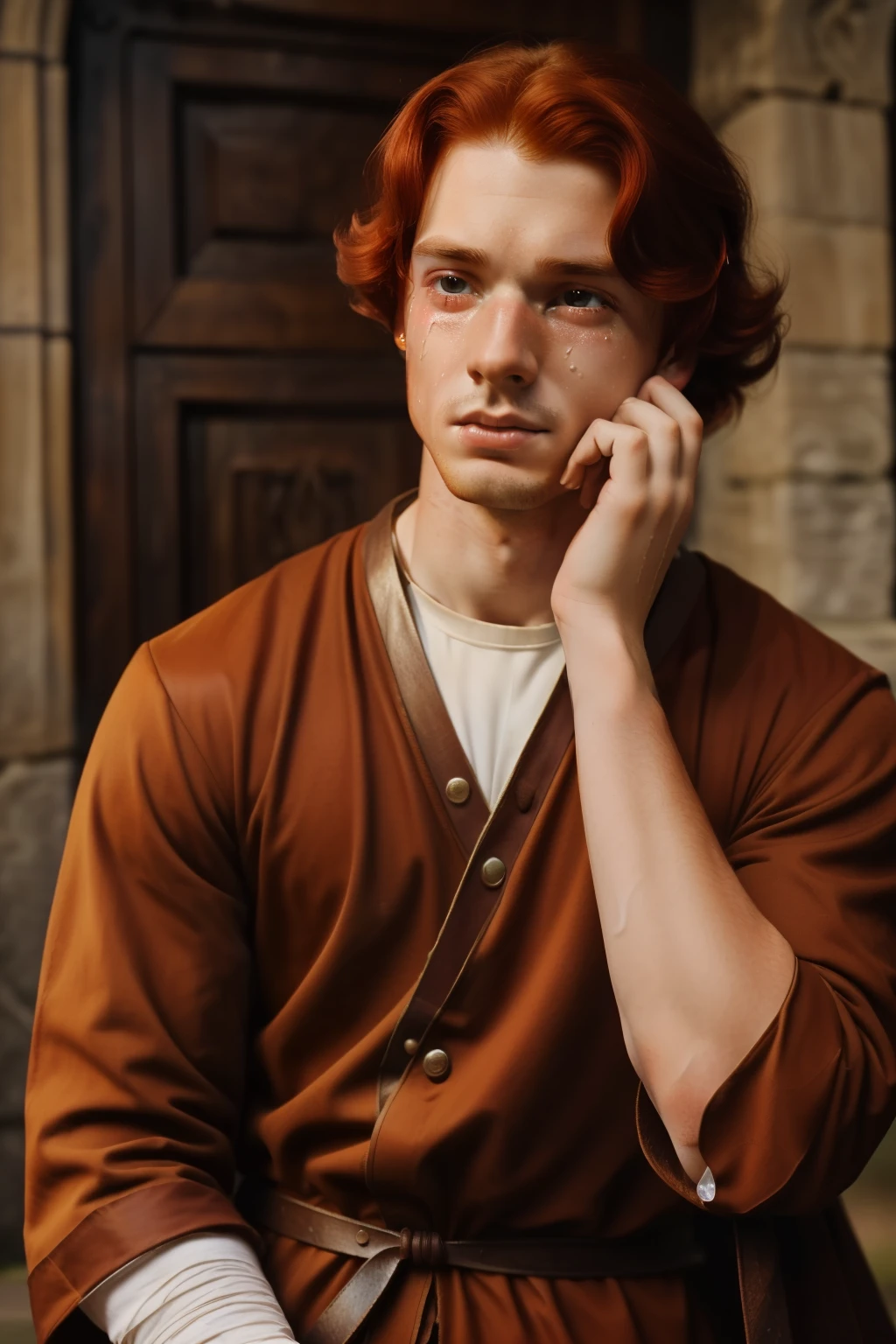 England, 1339. A young ((((23-year-old)) Merthin Fitzgerald)), handsome, athletic, ((((desparate expression, big tears)))). ((((clothings from the 1300s)))), ((redhead hairstyle of the 1300s))