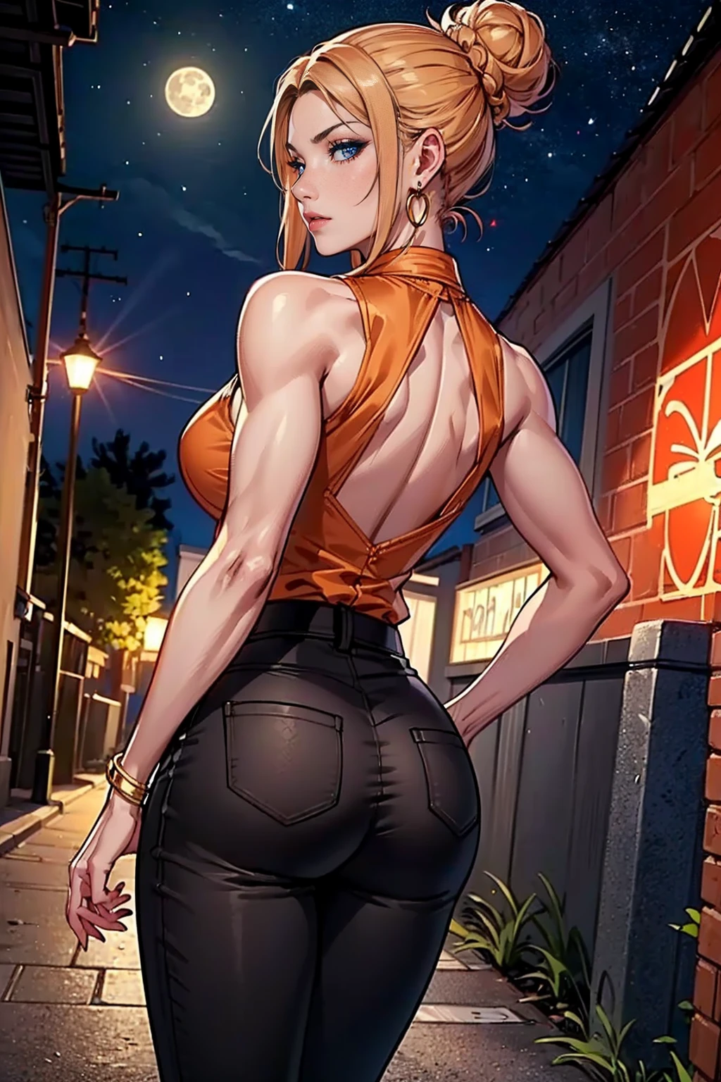 ((looking at viewer, medium , pink lipstick, Extremely detailed, ambient soft lighting, lighting, 4k, perfect eyes, a perfect face, perfect lighting, a 1girl)), austere, (((sexy blouse, malicious, jade earrings, gold jewelry, orange bouse, black pantalona tailoring pants, orange satin halter blouse, sleeveless blouse)), night sky, clouds, , lots of , (graffiti alley, graffiti walls, in an alley, night, (moonlight, starry night, Milky Way)), back), (((austere, ((masterpiece, cowboy shot, dark fantasy, intricate, highly detailed, 1girl)))), (1girl, solo, Reina Morimoto, morimoto_reina, (blue eyes, hair bun, high bun of hair), lipstick, gold earrings, muscular, fitness)), sensual pose, Beautiful, back