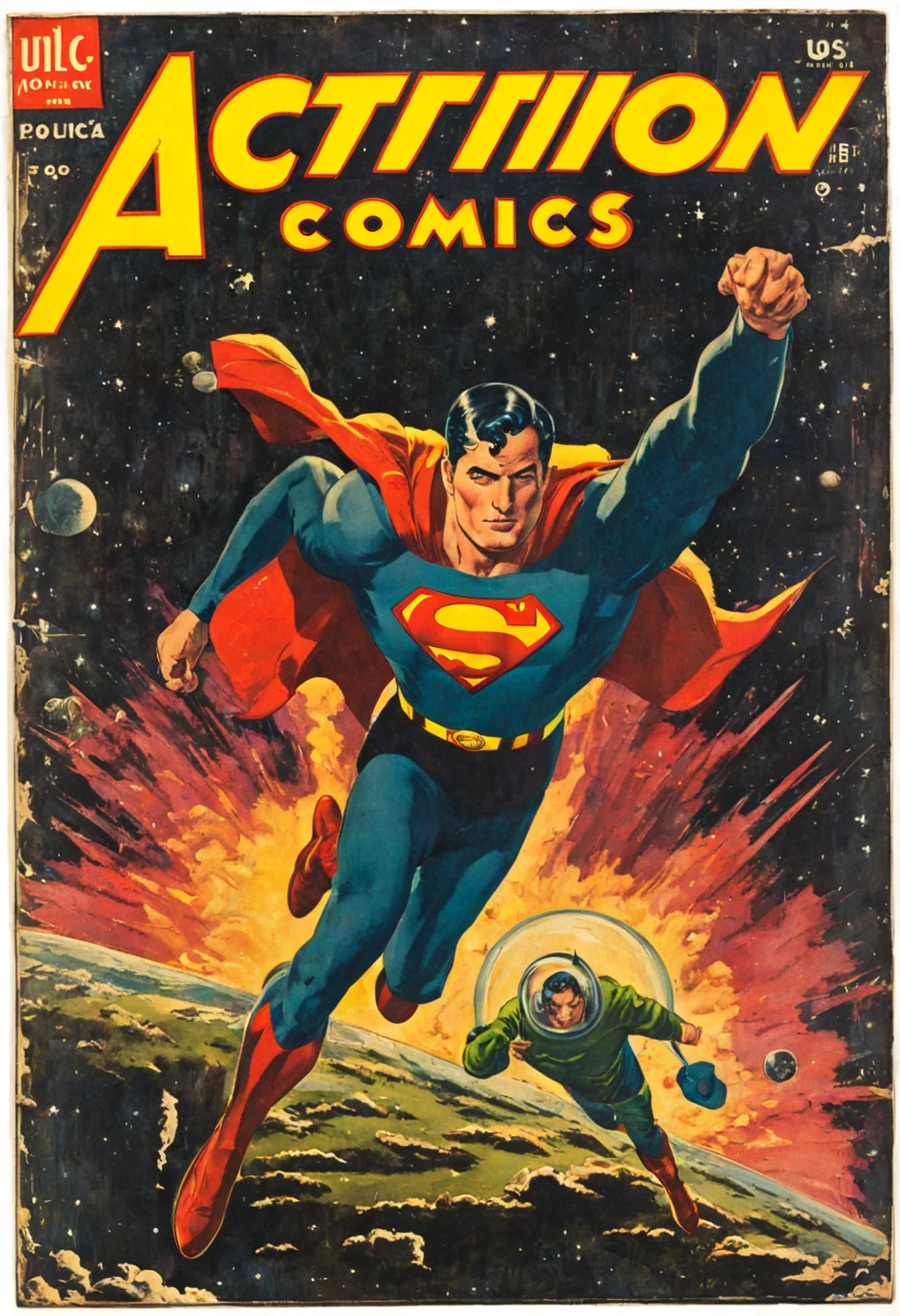 Superman flying in outer space, Vintage comic book cover of "Action Comics".