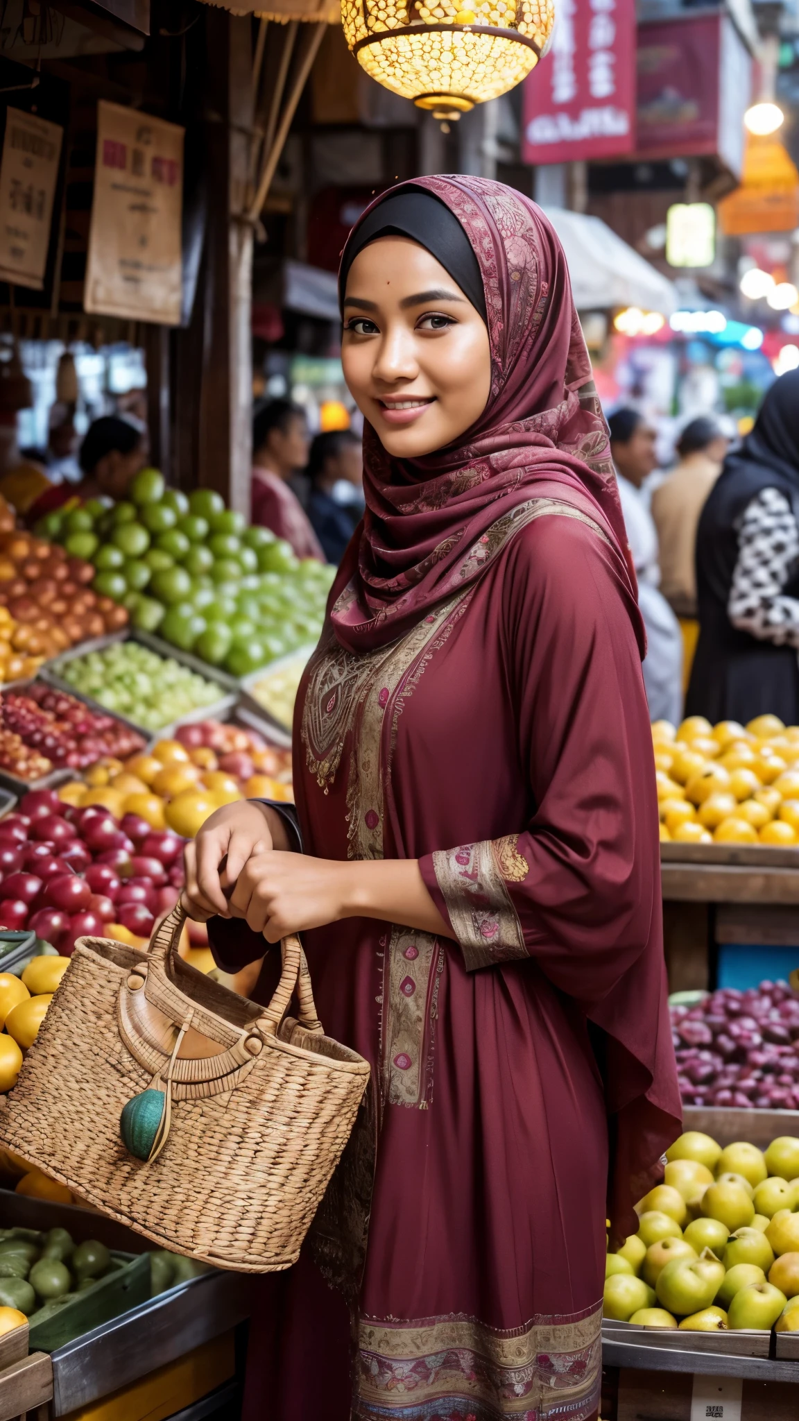 An Indonesian man disguising as a woman wearing hijab and muslim women dress, holding a handbag, shopping in the market

(best quality,4k,8k,highres,masterpiece:1.2),ultra-detailed,(realistic,photorealistic,photo-realistic:1.37),full body portrait,tall background, Indonesian man disguised as a woman,hijab wearing woman,traditional muslim women dress,sandals,beautiful detailed eyes,beautiful detailed lips,extremely detailed eyes and face,longeyelashes,cheerful expression,perfect hands,flowy dress,detailed folds and patterns on the dress,handbag in hand,shopping in a vibrant market,exotic spices and colorful fruits and vegetables,atmospheric lighting,deep and warm color tones,traditional market setting,authentic and lively atmosphere,creative stall displays,interaction with friendly vendors,smiling faces,and bustling crowd,local architecture and cultural elements in the background