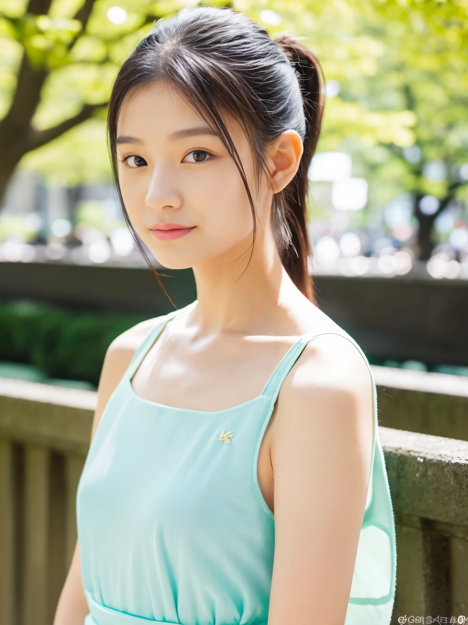A highly detailed photograph of a beautiful 40-year-old Japanese woman, slightly chubby, hanging from a horizontal bar. She is wearing a sleeveless running shirt and bloomers. Her dark, thick armpit hair is visible, and her black hair is tied back. She is set against a sunny outdoor park background with vibrant greenery and a clear blue sky. The lighting is natural, with soft sunlight casting gentle shadows. Created Using: Canon EOS R5, realistic rendering, detailed textures, soft focus on background, high-resolution, HDR photography, subtle color grading, photorealistic