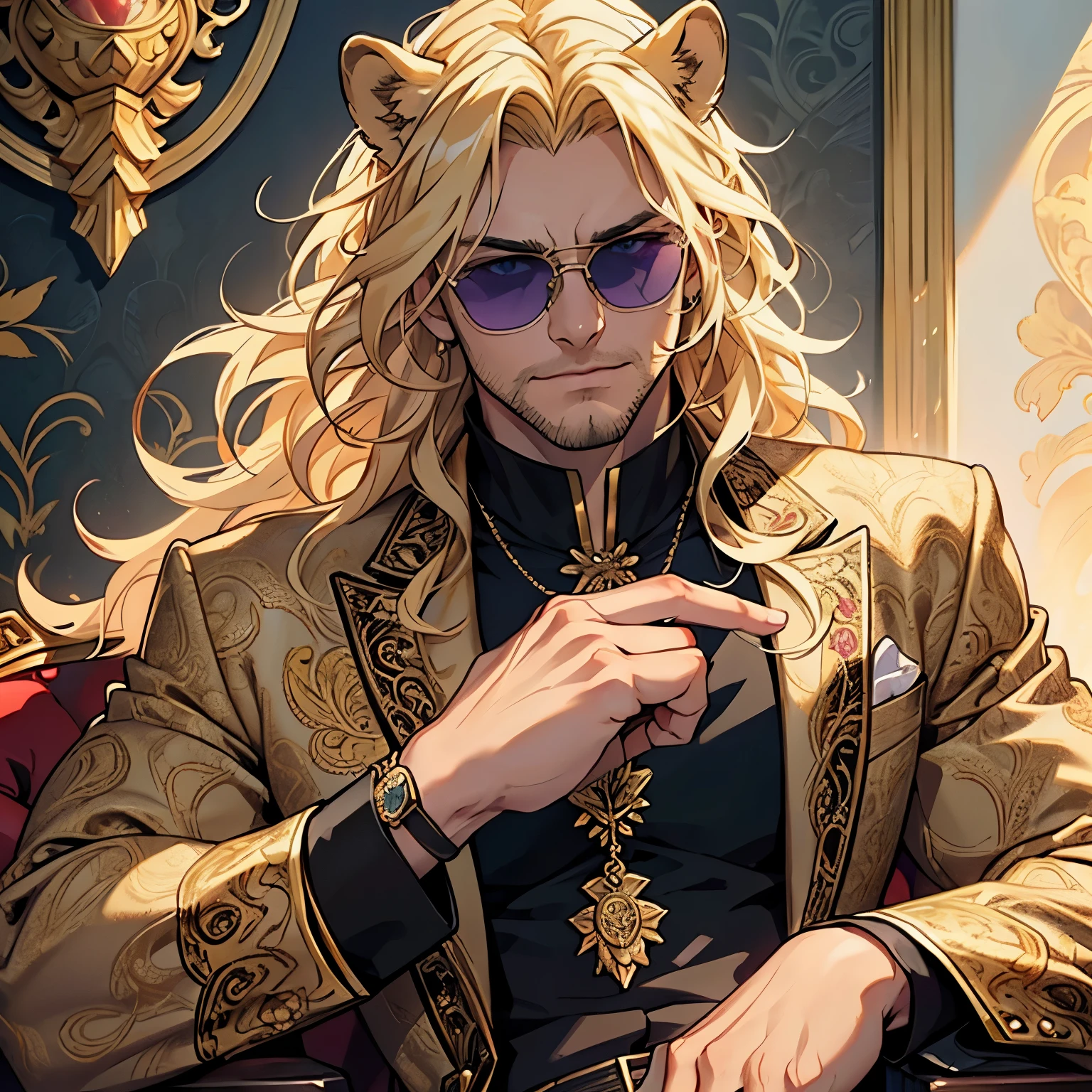 Purple and gold paisley jacket, ((one male)), lion ears, long hair, blond, blond hair, green eyes, tall, muscular, white shirt, ((beautiful face)), ((highest quality)), ((masterpiece)), ((2d)), (anime), perfect face, (((highest detail))), feline eyes, stubble, lion tail, wavy hair, (far shot), (((detailed face))), intricate details, paisley background, black boots ((red sunglasses)), (((human hands))), royal jewelry