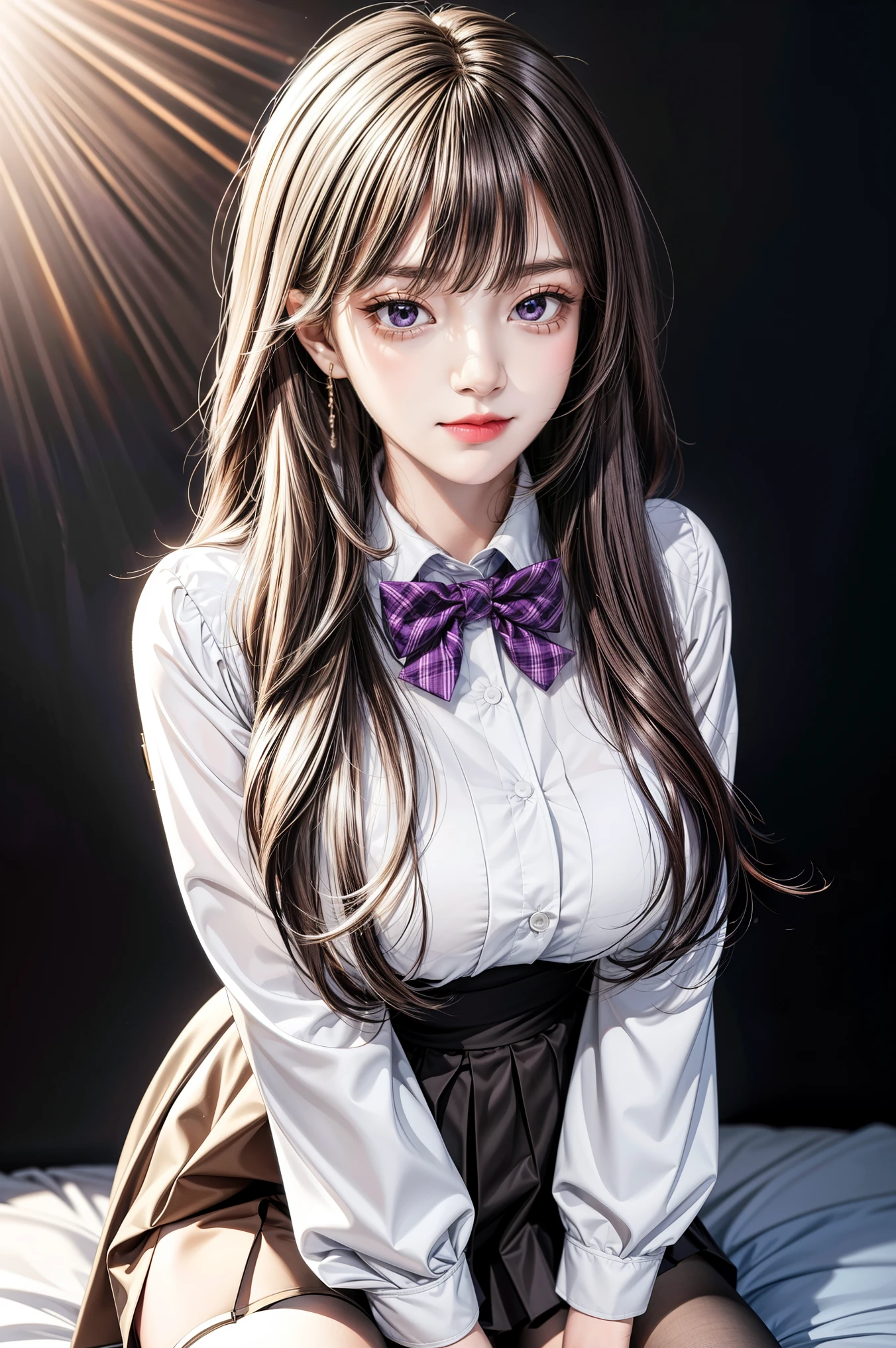 Simple White Background, Brown_blazer_jacket,long_sleeves, bowtie, pleated skirt, pantyhose, Black_hair,Long_hair,purple_eyes,Bangs, 1 girl, 20yo,Young female,Beautiful Finger,Beautiful long legs,Beautiful body,Beautiful Nose,Beautiful character design, perfect eyes, perfect face,expressive eyes,perfect balance, looking at viewer,(Focus on her face),closed mouth, (innocent_big_eyes:1.0),(Light_Smile:0.3), official art,extremely detailed CG unity 8k wallpaper, perfect lighting,Colorful, Bright_Front_face_Lighting,White skin, (masterpiece:1.0),(best_quality:1.0), ultra high res,4K,ultra-detailed, photography, 8K, HDR, highres, absurdres:1.2, Kodak portra 400, film grain, blurry background, bokeh:1.2, lens flare, (vibrant_color:1.2),professional photograph, (Beautiful,large_Breasts:1.1), (beautiful_face:1.5),(narrow_waist),