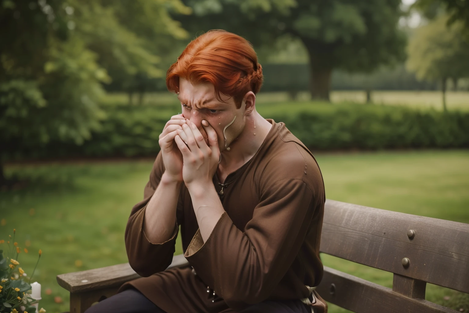 England, 1339. A young ((((23-year-old)) Merthin Fitzgerald)), handsome, athletic, in a garden bench, ((((angry, desparate expression, big tears)))). ((((clothings from the 1300s)))), ((redhead hairstyle of the 1300s))