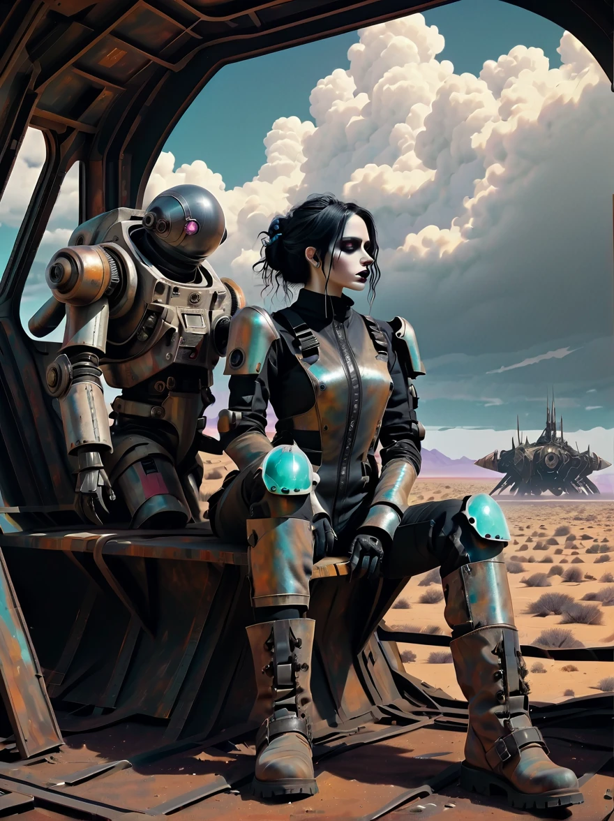 (gothic aesthetic:1.8), 1 female astronaut，wasteland background，Tailor-made female mecha suit，（30 years old），Sitting on the landing spaceship，Stare into the distance，A post-apocalyptic landscape，rusty metal fragments，desolate atmosphere，pastel color palette，oil painting style，Detailed mecha suit design，battle scars on suit，Shabby boots，firm expression，Windswept Hair，Realistic spaceship details，barren terrain，Dramatic clouds，ethereal lights，unforgettable beauty、intricate textures、composition、science fiction elements、Immersive hand-drawn details、Depth of storytelling