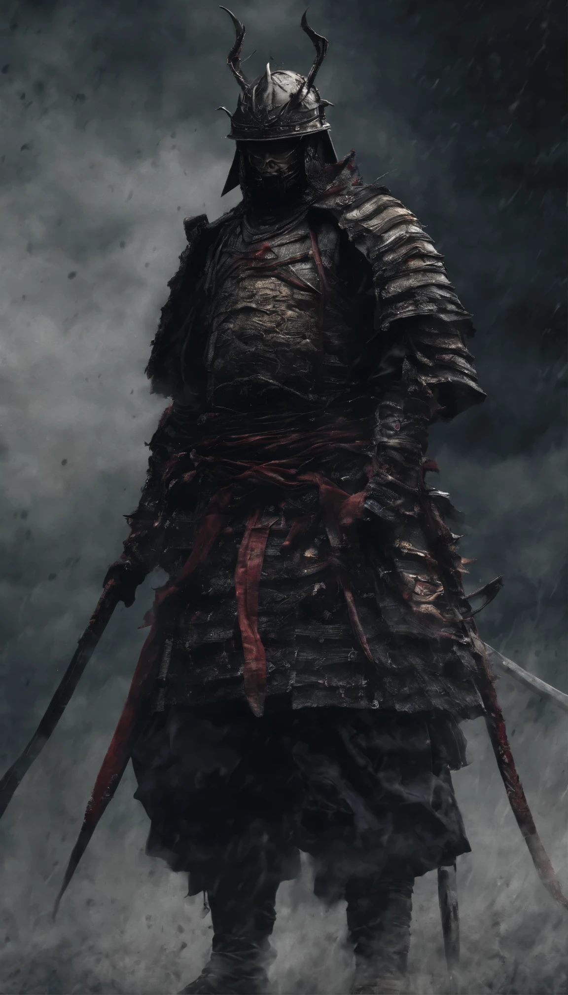 (highest quality,4k,8k,High resolution,masterpiece:1.2),super detailed,(realistic,realistic,realistic:1.37),Feudal Japanese samurai of the Sengoku period, wearing samurai armor, with a smile on my face,Rakumusha,defeat,survival,anger,Shredded,Broken and unusable armor,blood return,rain,