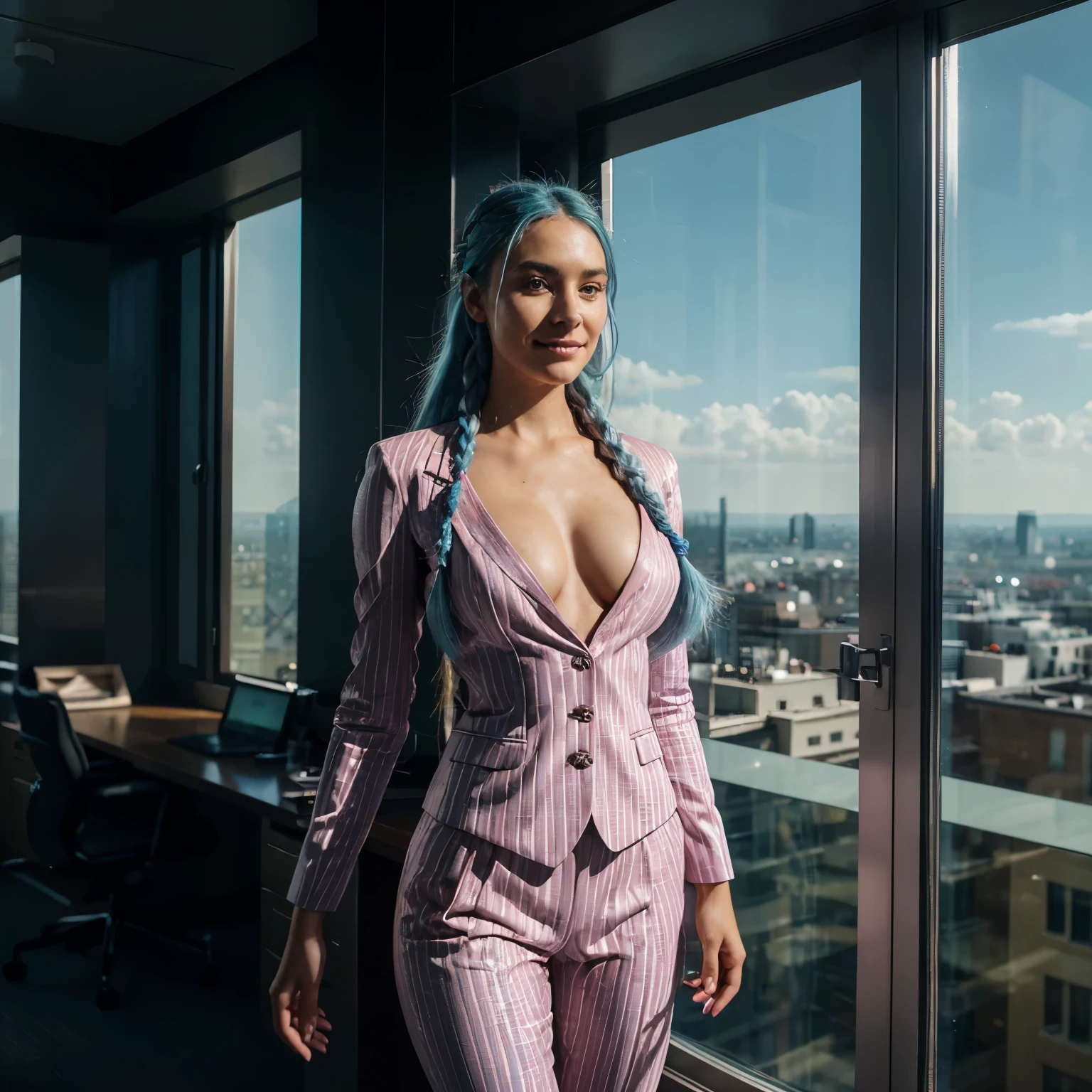 Full body, 23 year old beautiful woman, happy smile, light blue hair, long braided hair, luxury suit, wearing pink pinstripe suit, pink suit, pinstripe suit, in office, standing in front of window, London skyline view, hyper realistic, sunny, light flare, highest quality, ultra realistic, extremely detailed, hd, HDR, hyper detailed, professional photoshoot, cinematic, ultra detailed, beautiful body, visually rich, concept art, luminous, intricate details, subtle colors, extremely detailed, ultra sharp focus, light particles, attention to detail, grandeur and awe, stunning visual masterpiece, double exposure, 32k, photorealistic, strong outlines, cinematographic scene, highest quality